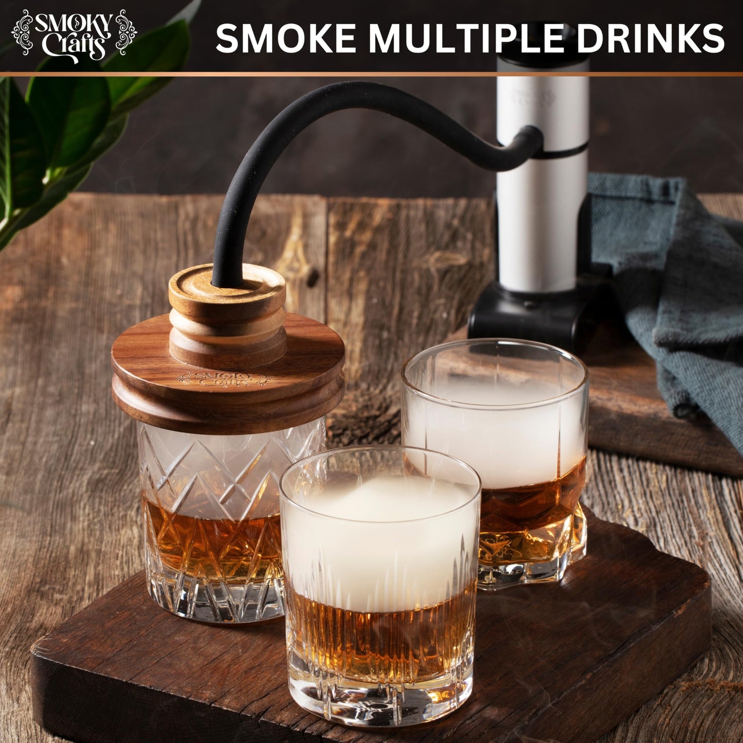 Smoky Crafts Food & Whiskey Smoker Kit with Updated Smoke Gun, 8" Glass Dome, Acacia Wood Top and Apple & Cherry Wood Chips - Old Fashioned Drink Smoker Kit