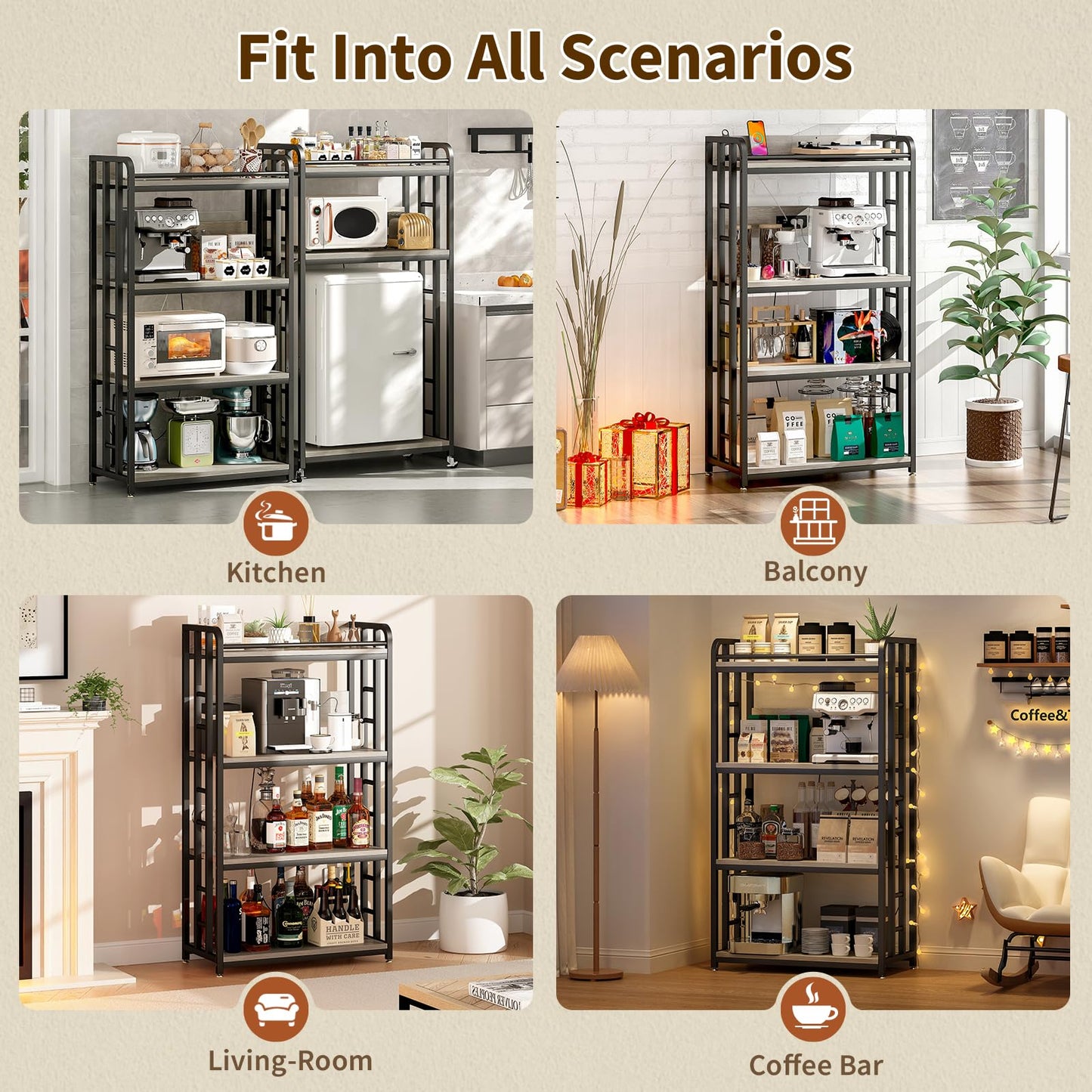 METYERRY Adjustable 4-Tier Heavy Duty Kitchen Baker's Rack with Power Outlet, with Industrial Wheels, Free Standing Microwave Oven Cart Stand for Storage in Living Room, Garage, Greige