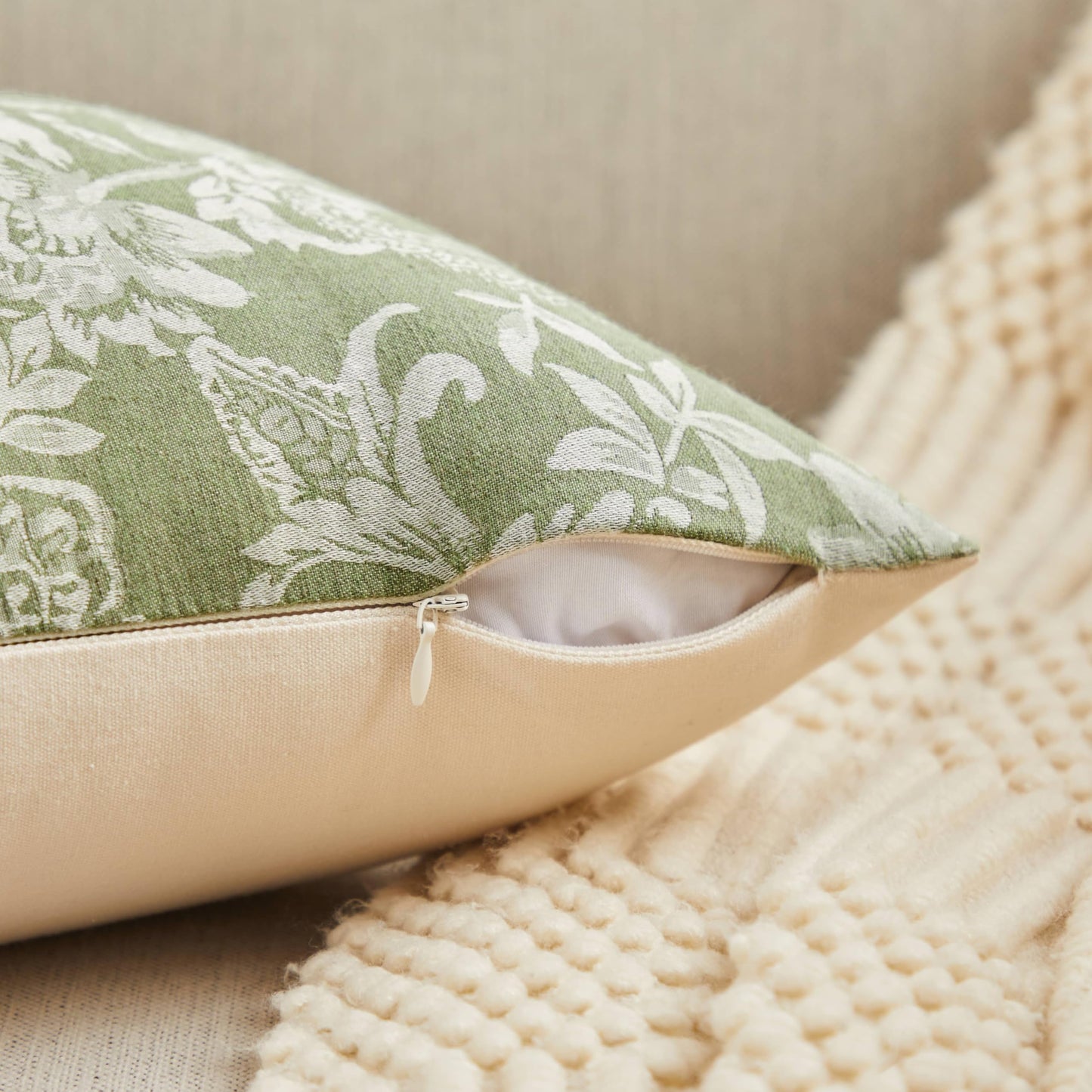 YZJZEDS Floral Jacquard Throw Pillow Covers Set of 2, Background/Green 18x18 Inch, Farmhouse Decorative Cotton Sage Green Cushion Covers for Sofa Bed Living Room Home Decor