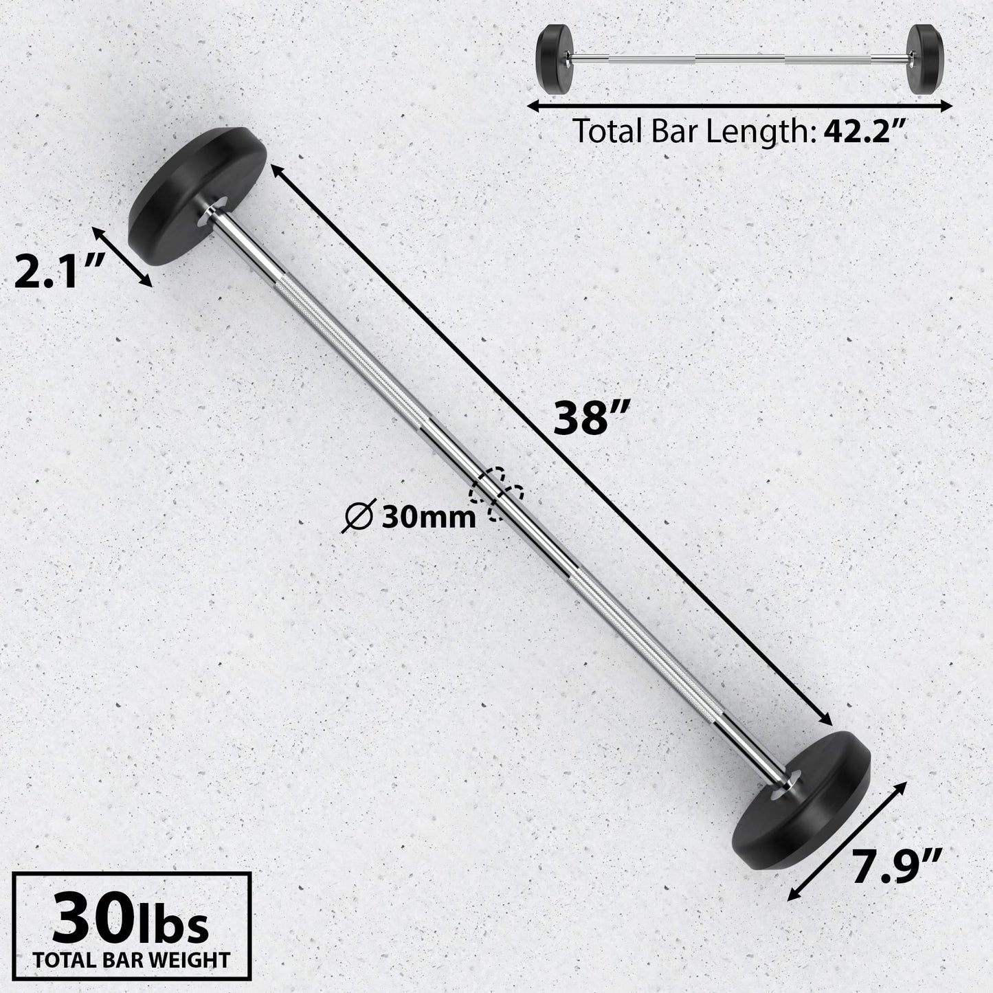 Synergee Fixed 30LB Barbell - Pre Weighted Straight Steel Bar with Rubber Weights - Fixed Weight