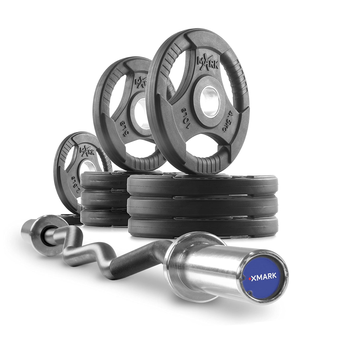XMark Olympic Bar Curl Bar With Weights, 65 lb Set of TRI-Grip Weight Plates, Premium Quality, Rubber Coated XM-3377 With EZ Curl Bar