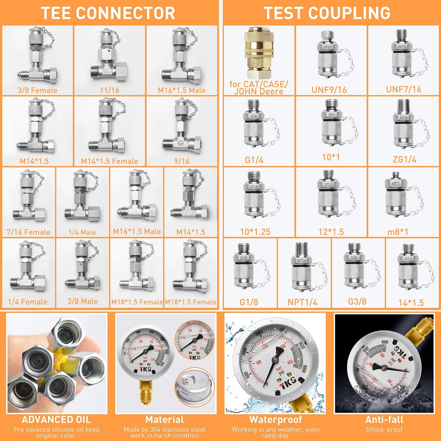 YFIXTOOL Hydraulic Pressure Test Kit with 5 Gauges (150/1500/3500/6000/9000 PSI) & 14 Tee Connectors, Hydraulic Pressure Gauge Set with 5 Test Hoses & 13 Couplings for Excavators.