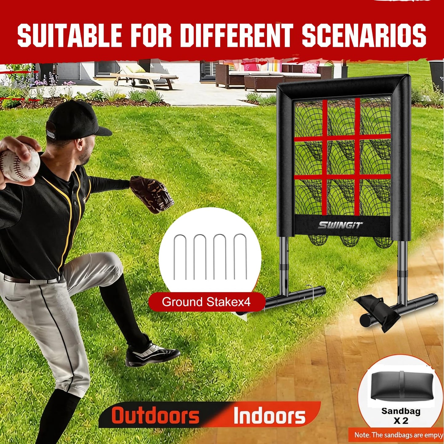 Upgrade 9 Hole Baseball Pitching Net with Strike Zone, Professional Heavy Duty 9 Pocket Softball Pitching net, Throwing Target Portable for Accuracy Training Practice Net, Adjustable Height