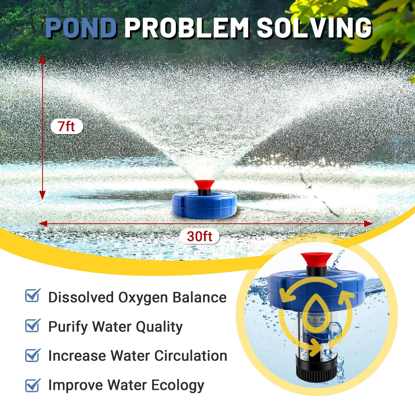 Ytrica Pond Aerator Fountain, 15000 GPH 1HP 110V 750W Floating Fountain Pump, Fit for Large Small Outdoor Ponds Lakes - with 100 Feet Power Cord & Timer Fully Automatic Stainless Steel Aerator