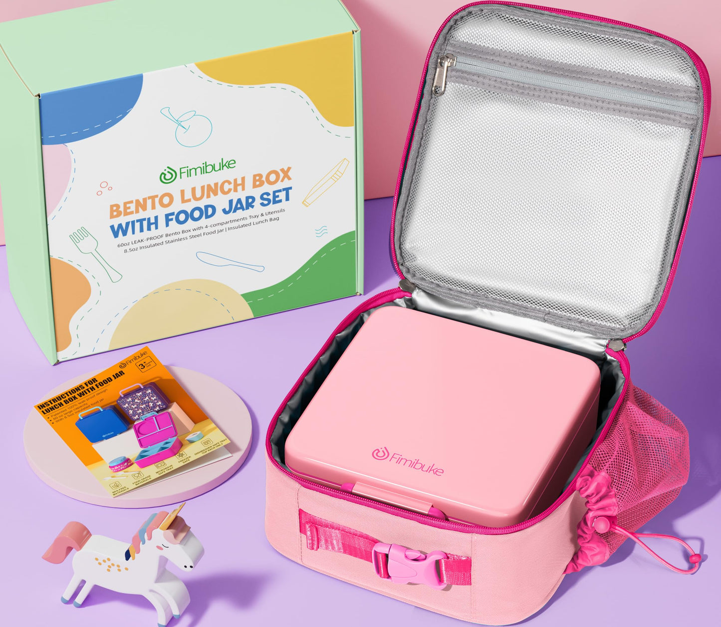 Fimibuke Kids Bento Lunch Box with Thermo, Leakproof Toddler Bento Box with 8.5OZ Insulated Food Jar, Lunch Bag & Utensils BPA Free Dishwasher Safe 3 or 4 Compartment Container for School Girls Boys