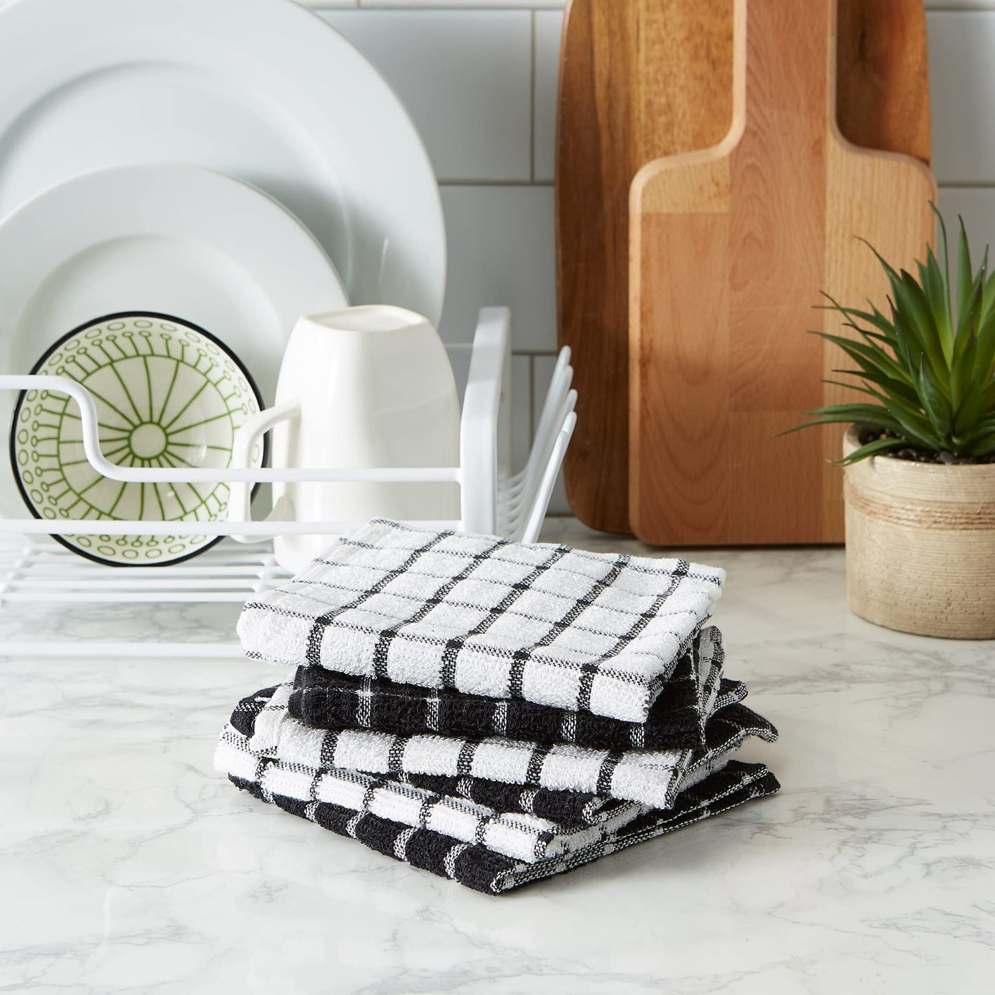 DII Basic Terry Collection Windowpane Dishcloth Set, 12x12, Black, 6 Piece