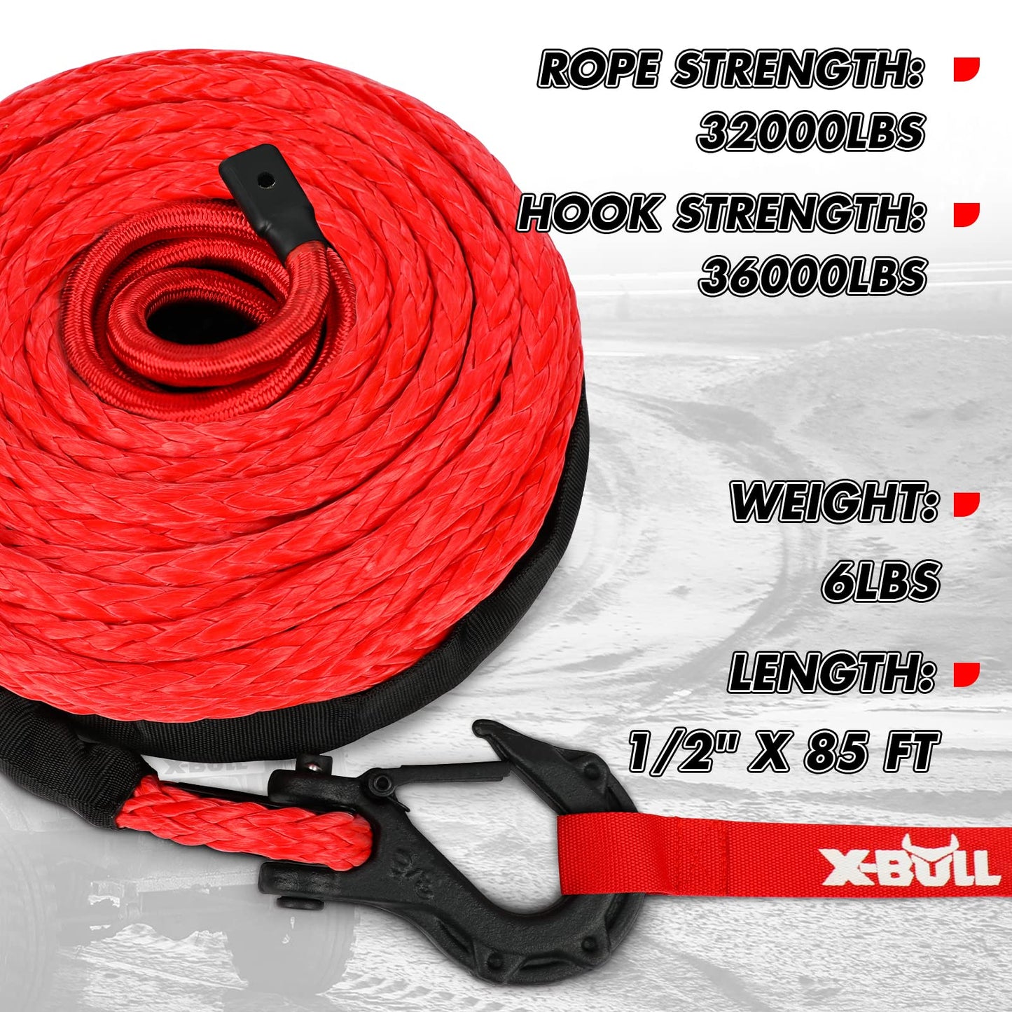 X-BULL Synthetic Winch Rope - Cable Kit -1/2" X 85ft 32000LBS Winch Line with Protective Sleeve Forged Winch Hook Safety Pull Strap go for 4WD Off Road Vehicle Truck SUV ATV UTV-Red