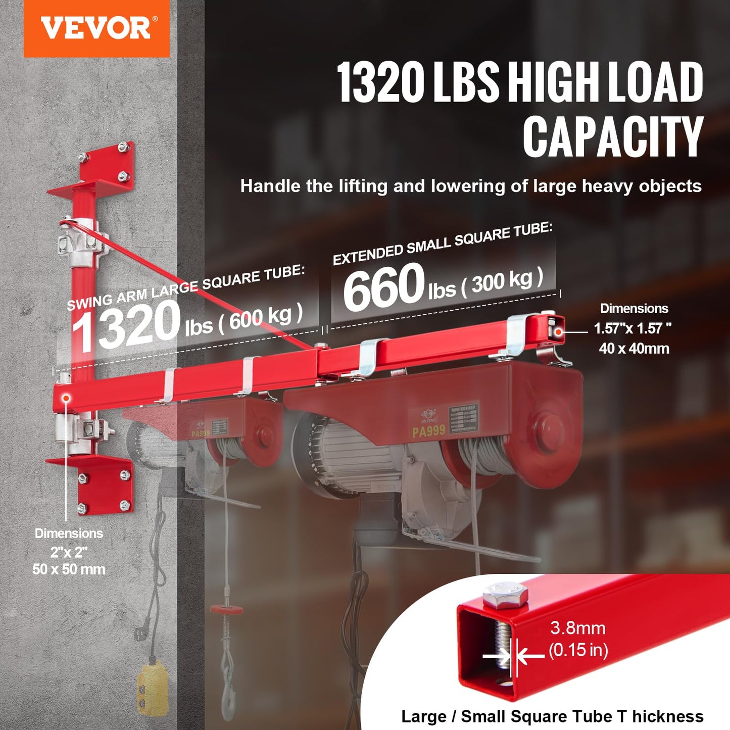 VEVOR Wall Mount Jib Crane, 1320 lbs Max Load Capacity Electric Scaffolding Lift, Electric Hoist Holder Swing Arm with Pole, Steel Hoist Frame, 180° Swivel Scaffold Lifting Arm for Electric Hoist