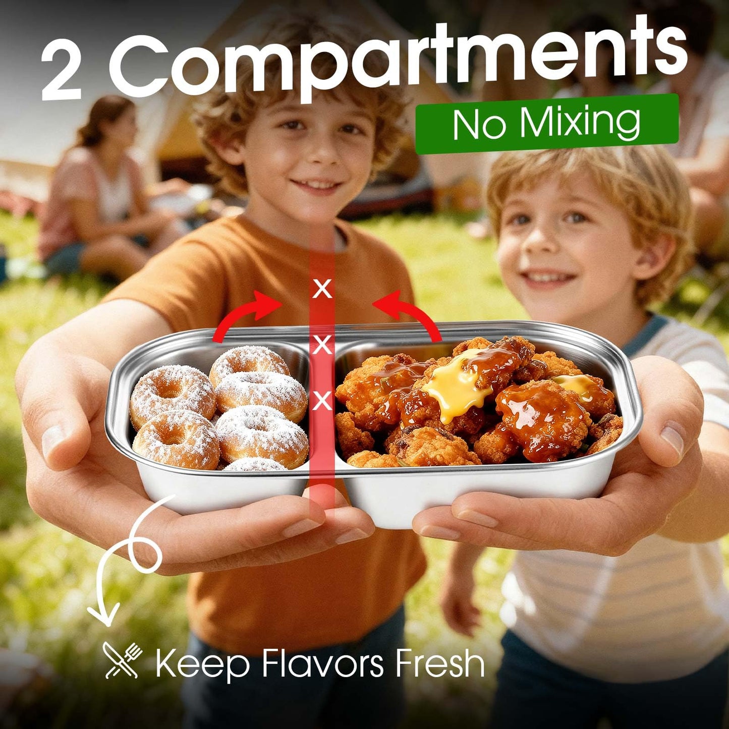 snuggery 3 pack Stainless Steel Snack Container with Lid – 2 Compartment Reusable Leakproof Snack Box for Kids and Adults, Dishwasher & Freezer Safe, Ideal for Travel, School, Meal Prep
