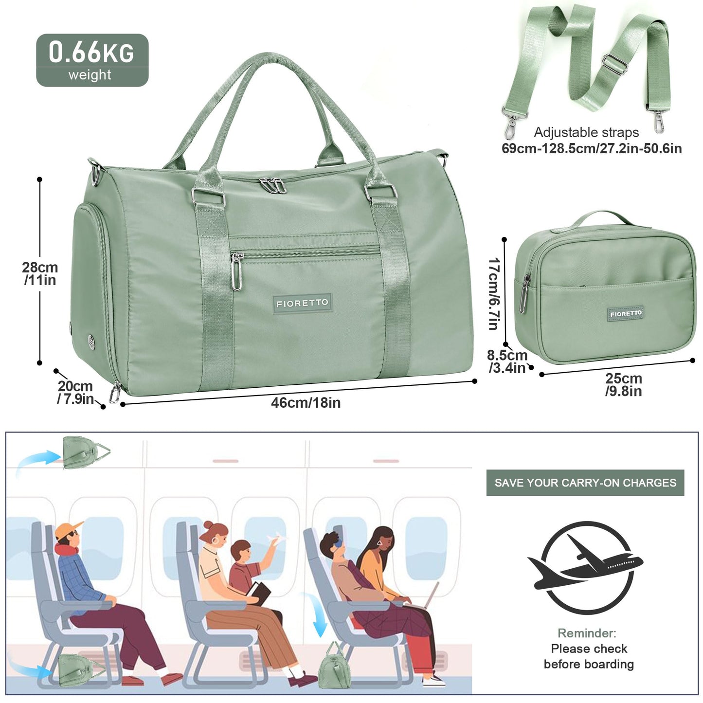 FIORETTO Womens Gym Tote Duffle Bag with Toiletry Bag, Sports Duffel Overnight Hospital Workout Carry on for Girls with Wet Pocket & Shoe Compartment, Ideal for Travel, Swimming, Celadon