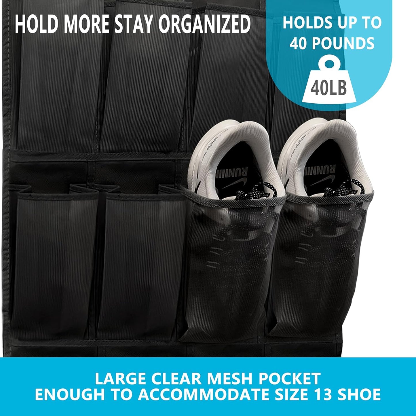 SimpleHouseware Over The Door Shoe Organizer - 24 Large Mesh Pockets for Sturdy Storage | Black