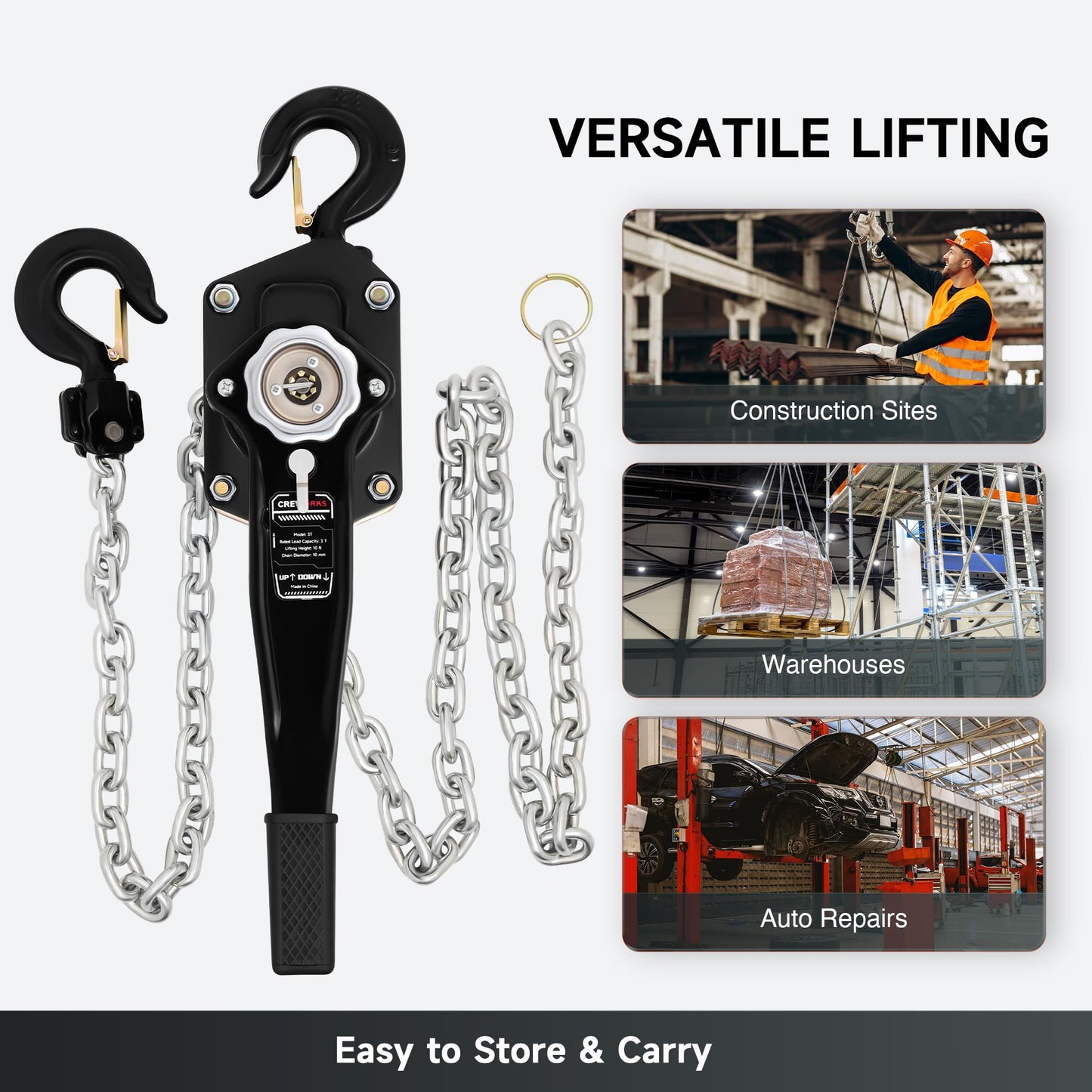 CREWORKS Lever Chain Hoist, 3 Ton 6600 lb Capacity 10 ft Manual Chain Hoist with G80 Galvanized Chain & Swivel Hooks, Heavy Duty Manual Lever Hoist for Construction Warehouse Automotive Factory