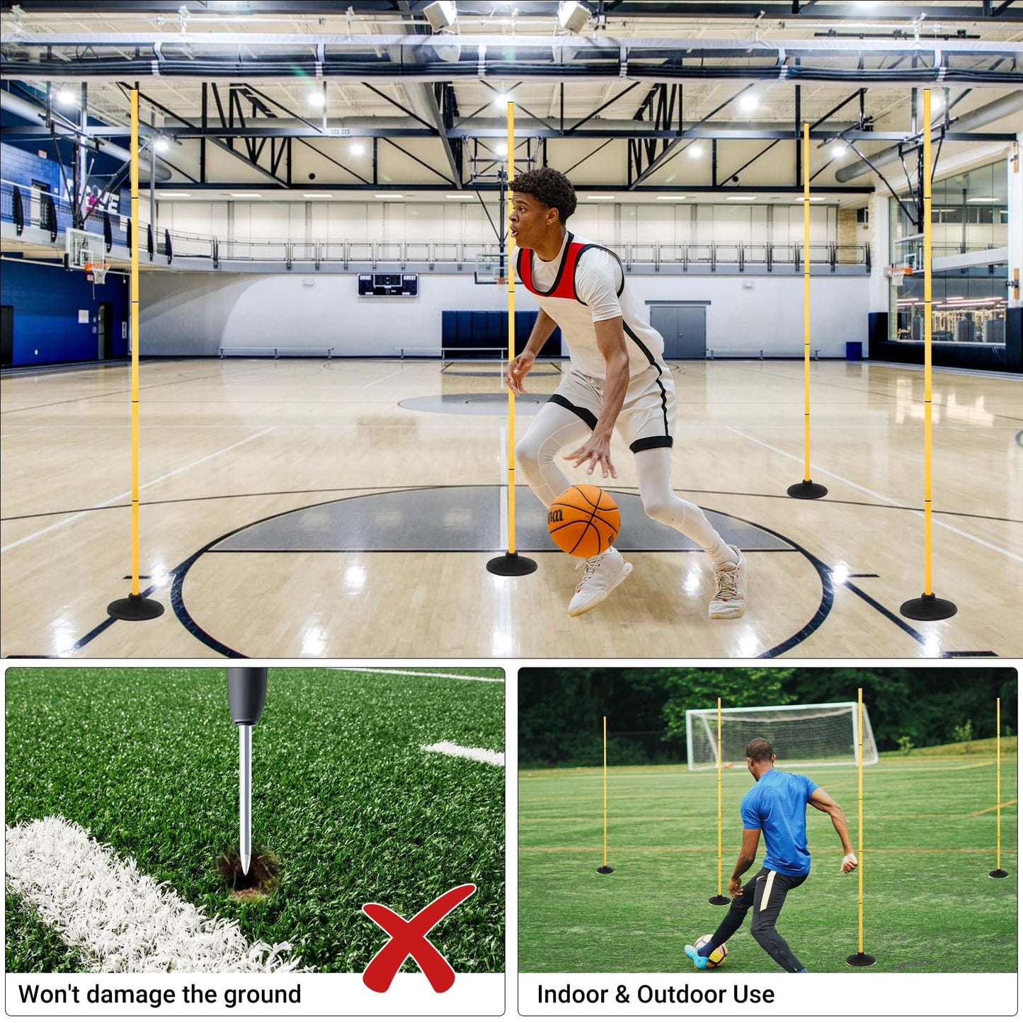 Neoaider 6 FT Agility Poles for Soccer, Basketball, Football, Equestrian, Pet Training, 4 Pack Detachable Soccer Poles w/Rubber Bases, Pole Bending Poles for Horses, Indoor/Outdoor Use