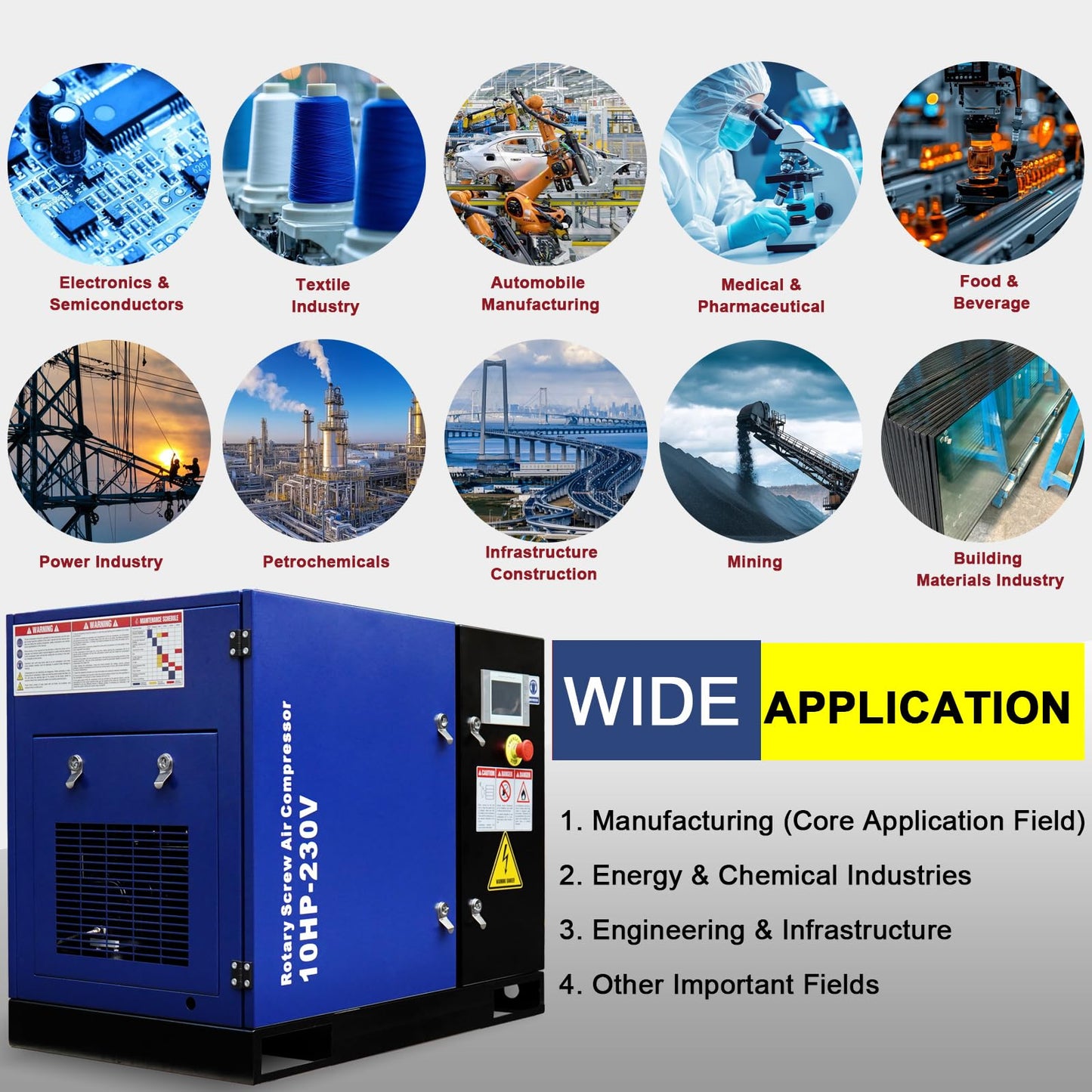 10HP Rotary Screw Air Compressor, 34CFM, 125PSI, 230V 3PHASE 60HZ, Fixed Speed Compressor, Industrial-Grade, Heavy Duty Air Compressed System
