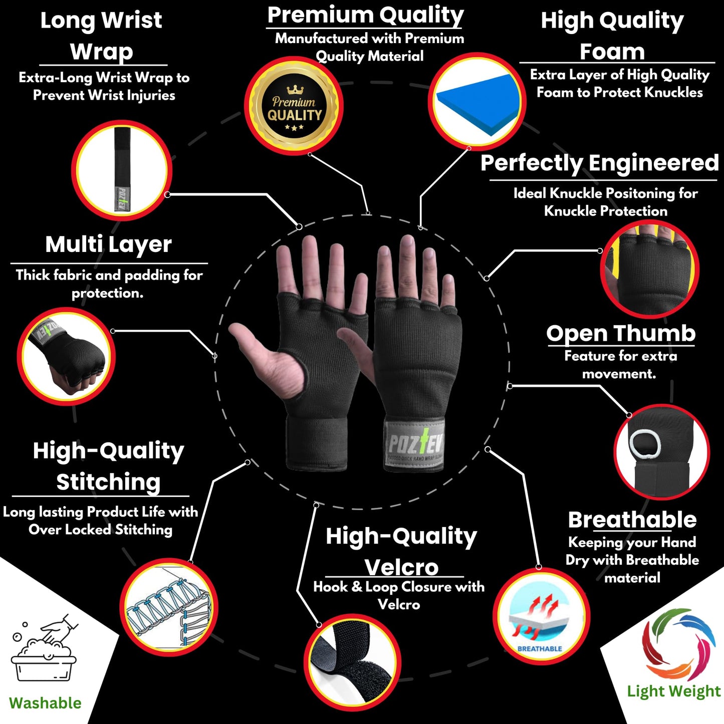 POZTEV Boxing Hand Wraps for Men & Women - Boxing Quick Wraps Inner Gloves Kickboxing Handwraps for Boxing Gloves Gear Knuckle Support Elastic Wrist Straps for Training MMA Shadowboxing (Black S/M)