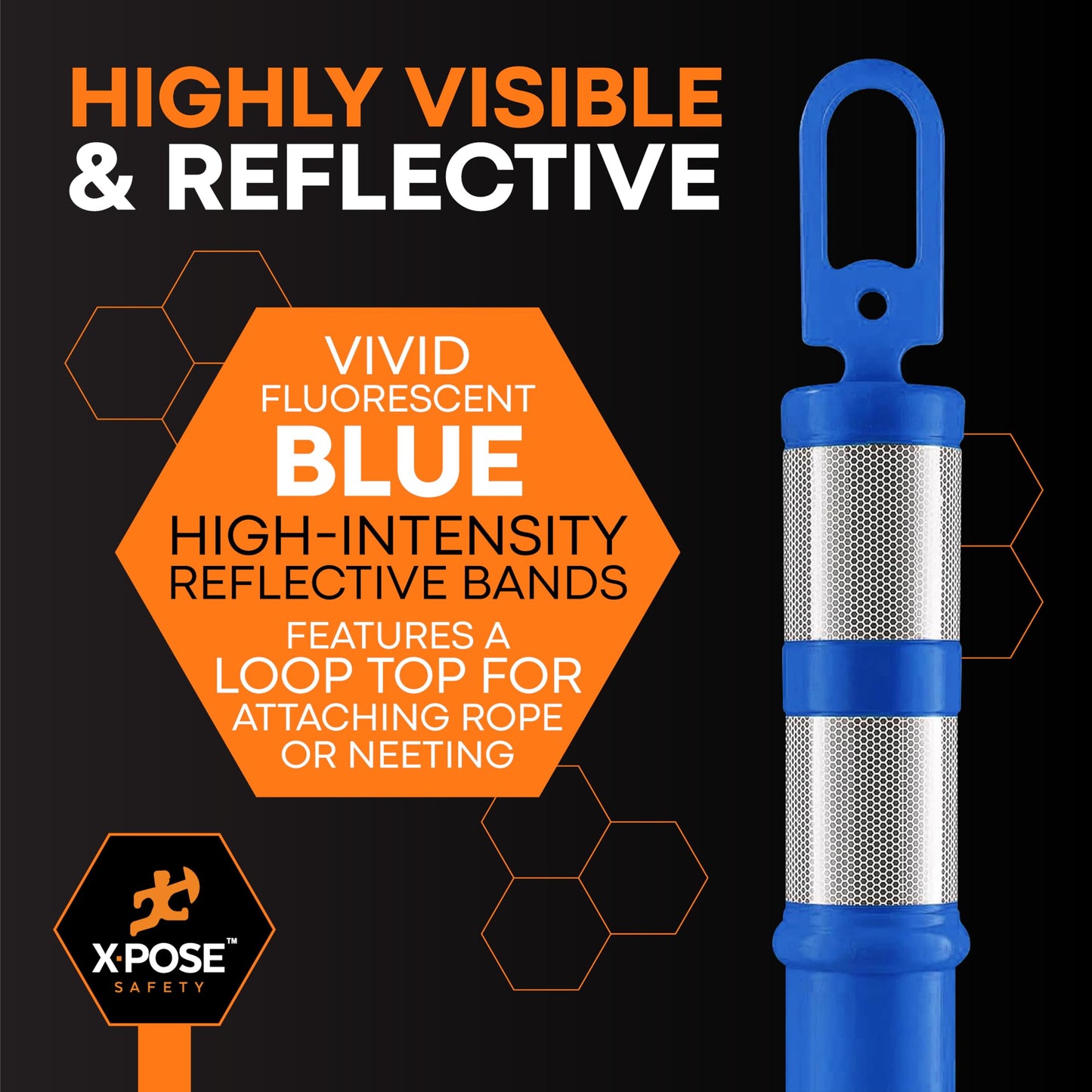 Xpose Safety 45" Blue Delineator Posts with Base, Bulk Half Pallet 48-Pack – Ring Top, 10" Reflective Band, 13 lb Rubber Base – Traffic, Parking, Construction, Events