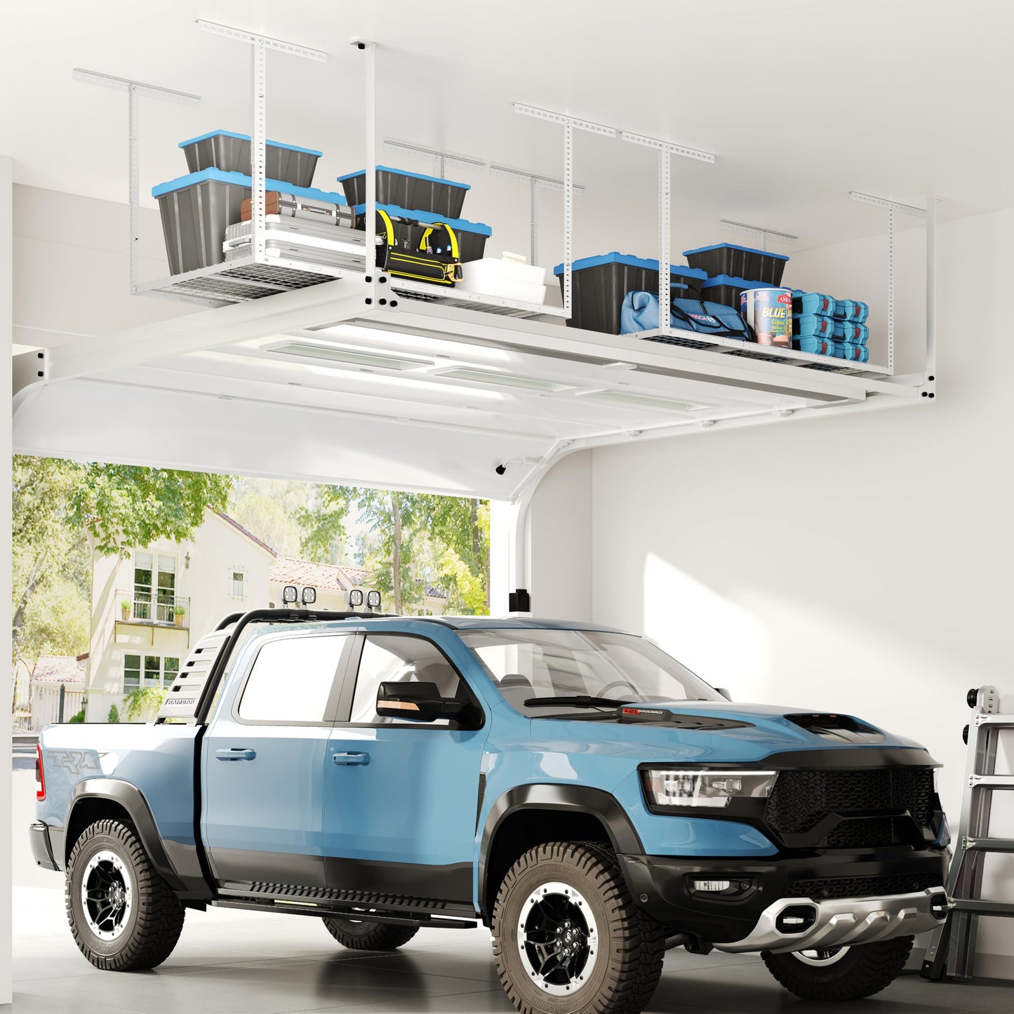 FLEXIMOUNTS 3x6 Overhead Garage Storage Adjustable Ceiling Rack 72" Length x 36" Width x 40" Height, 450lbs Weight Capacity, White, Classic Series