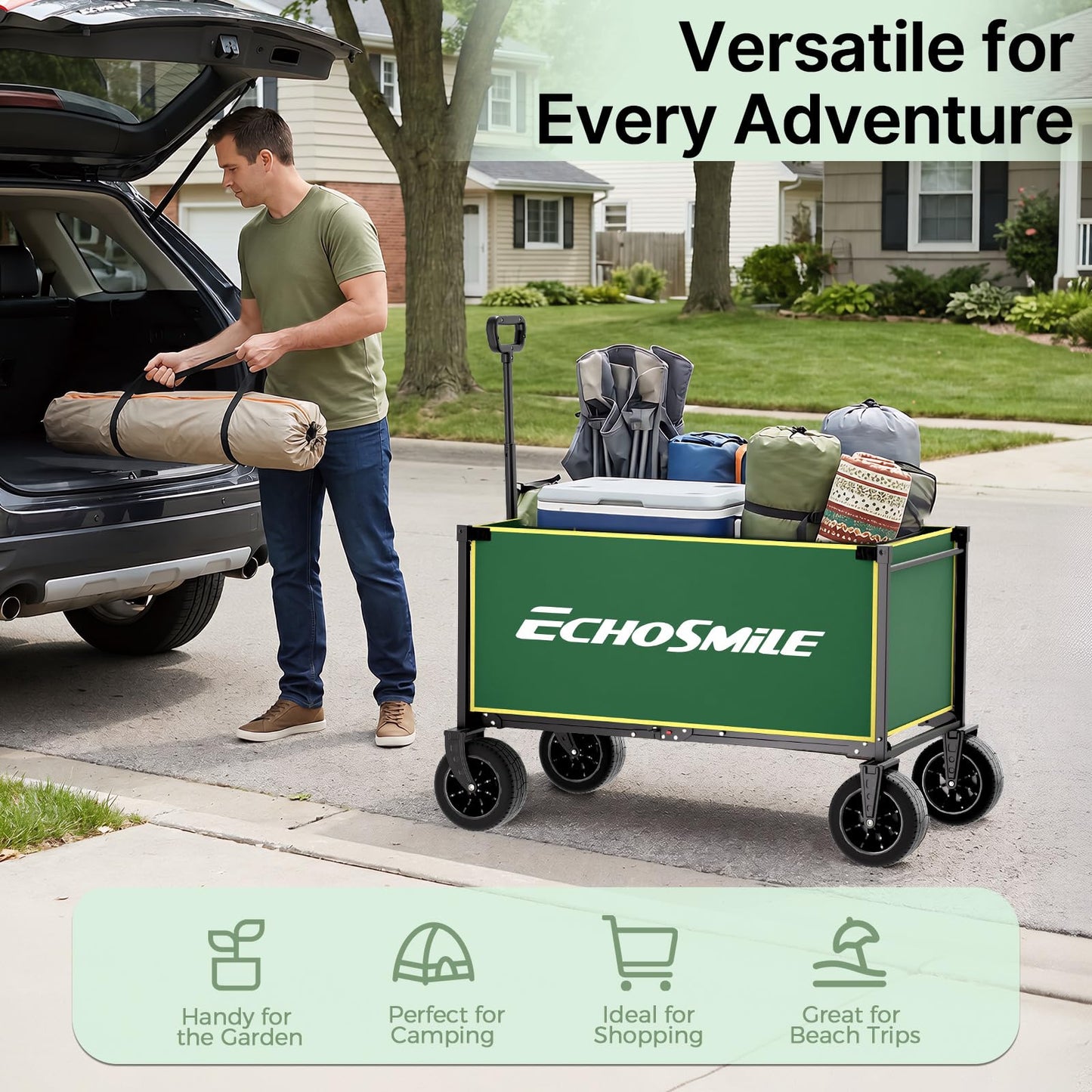 EchoSmile Collapsible Wagon Cart for Camping & Beach - Heavy Duty 400lbs Capacity All-Terrain Cart with Wide Wheels, Portable Folding Utility Wagon for Grocery, Garden, Sports,Green&Yellow