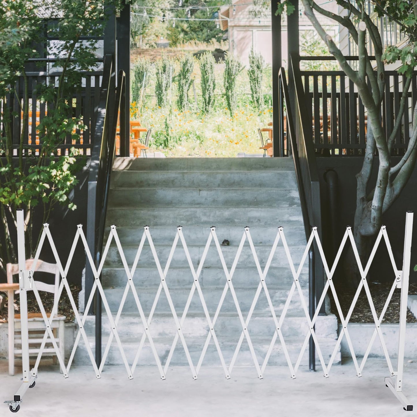 AkiiGer Metal Expandable Barrier Fence for Dogs, Portable Barricade Gate with Casters, Foldable Pet Gate Indoor Outdoor for Rooms, Stairs, Driveway, Garage, Yard, Doorways, 11 Feet, White