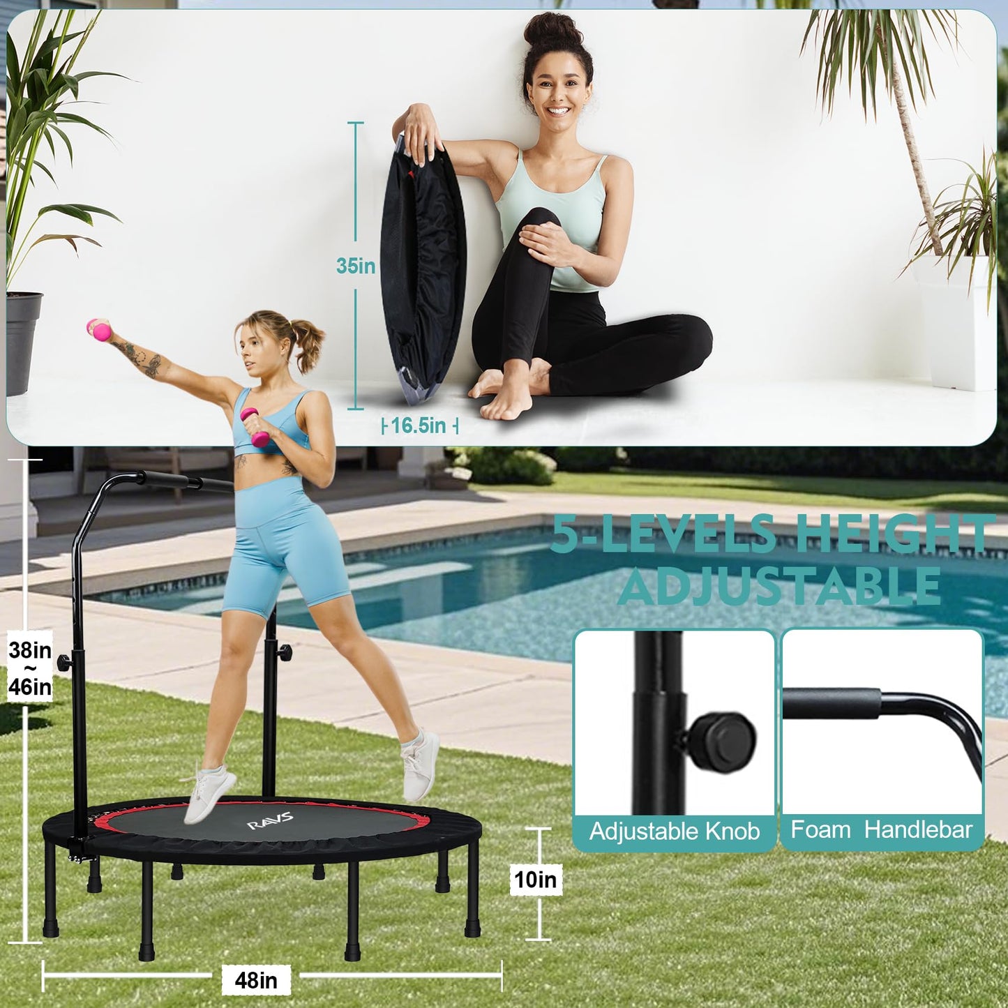 RAVS Mini Trampoline for Kids Adults 40"/48" Foldable Fitness Rebounder Kids Trampoline with 5 Levels Height Adjustable Handle Resistance Bands Indoor Workout