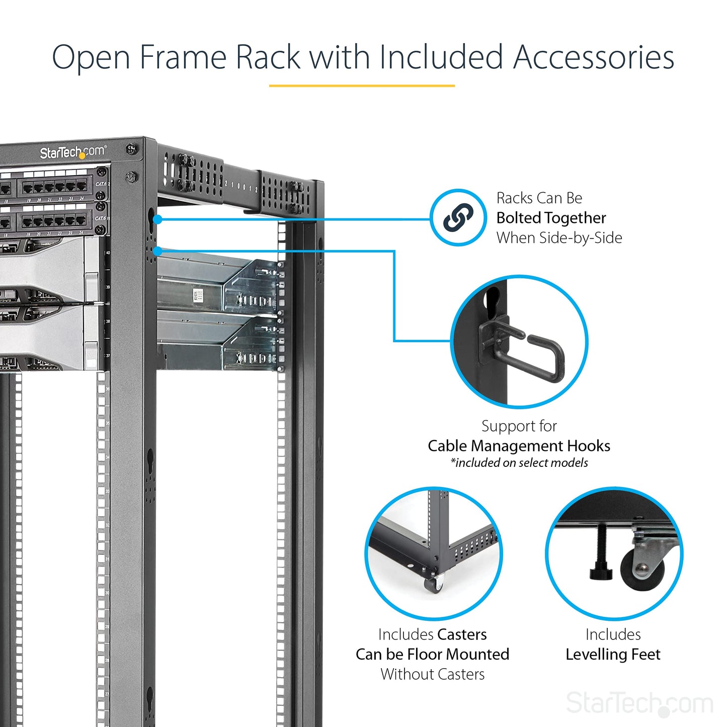 StarTech 42U 4-Post Server Rack, 19in Open Frame Rack with 40in (101cm) Mounting Depth and 1323lb (600kg) Weight Capacity, Mobile or Floor Mount IT Rack