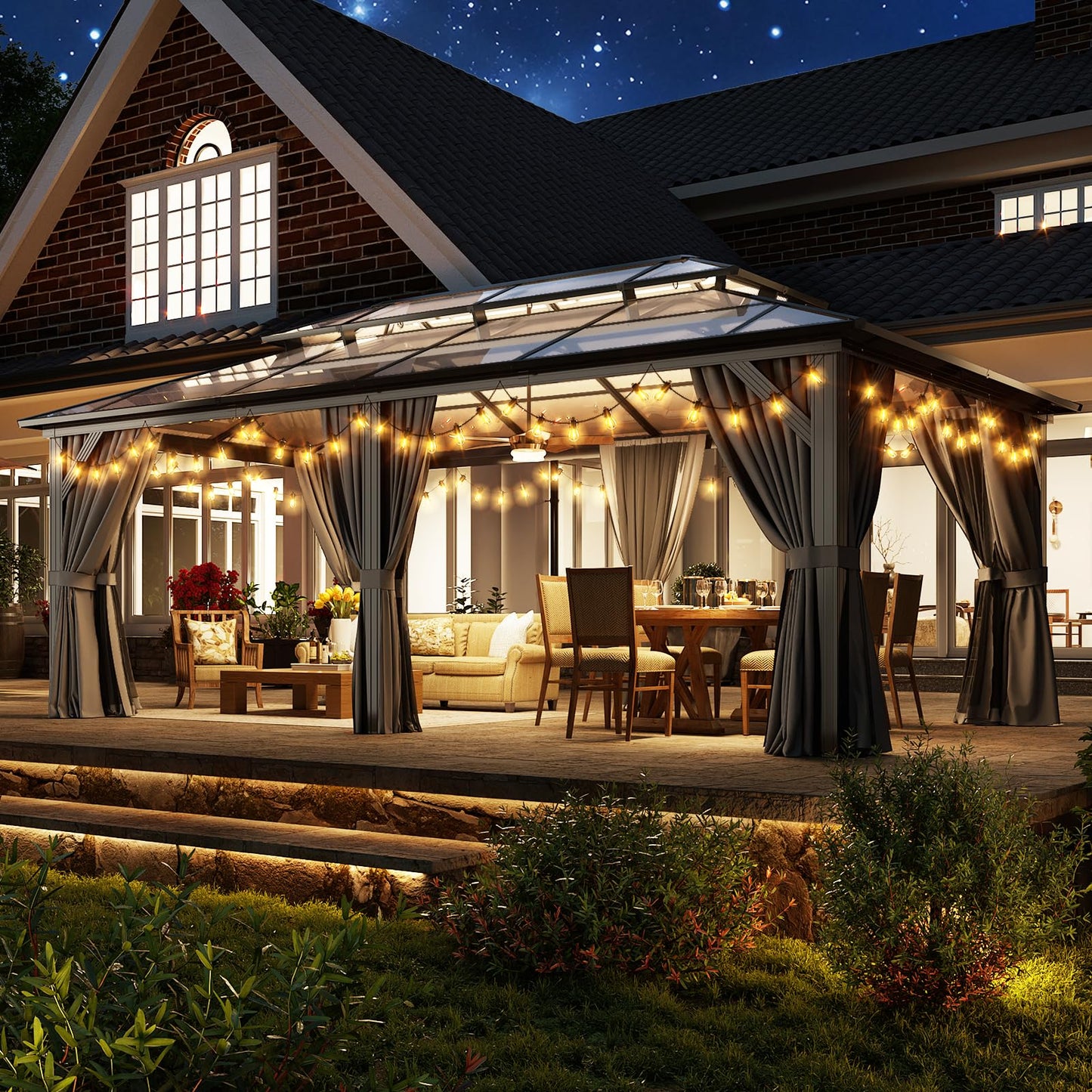 Aoxun 12'x20' Hardtop Gazebo, Aluminum Frame Permanent Pavilion with Curtains and Netting, Outdoor Polycarbonate Double Roof Canopy, Designed for Garden, Lawns, Patio, Gray