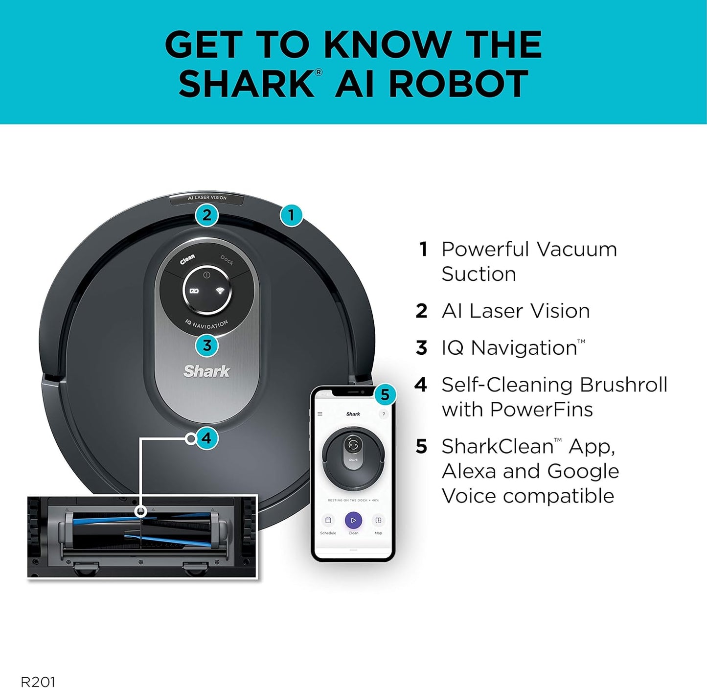 Shark AI Robot Vacuum - Smart Mapping & Scheduling for Pet Hair | Black/Silver (RV2001)