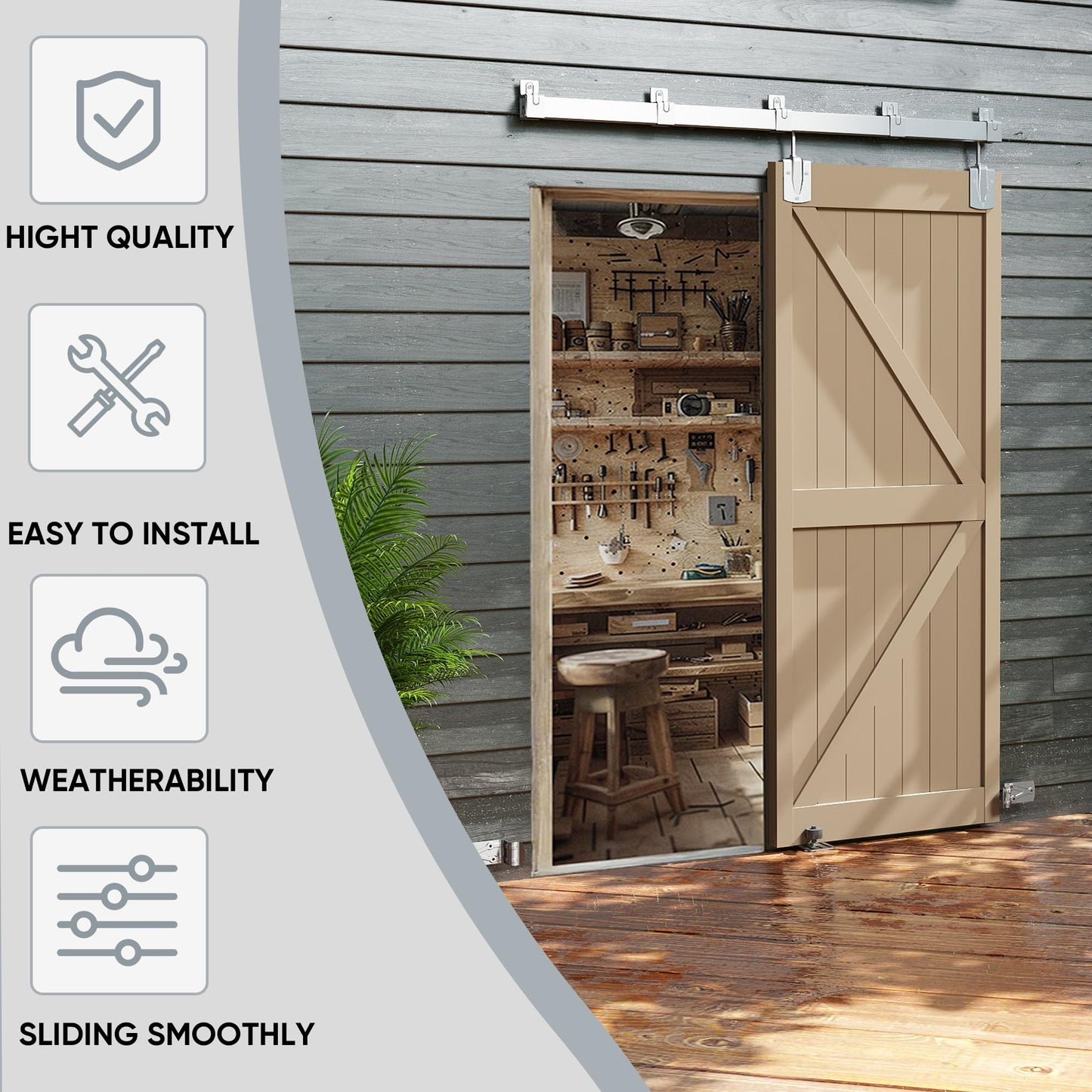 JUBEST 7.5FT Box Rail Exterior Barn Door Hardware Kit, Heavy-Duty Silver Sliding Barn Door Track System, Wall Mount Door Hardware Kits (Door Not Included)
