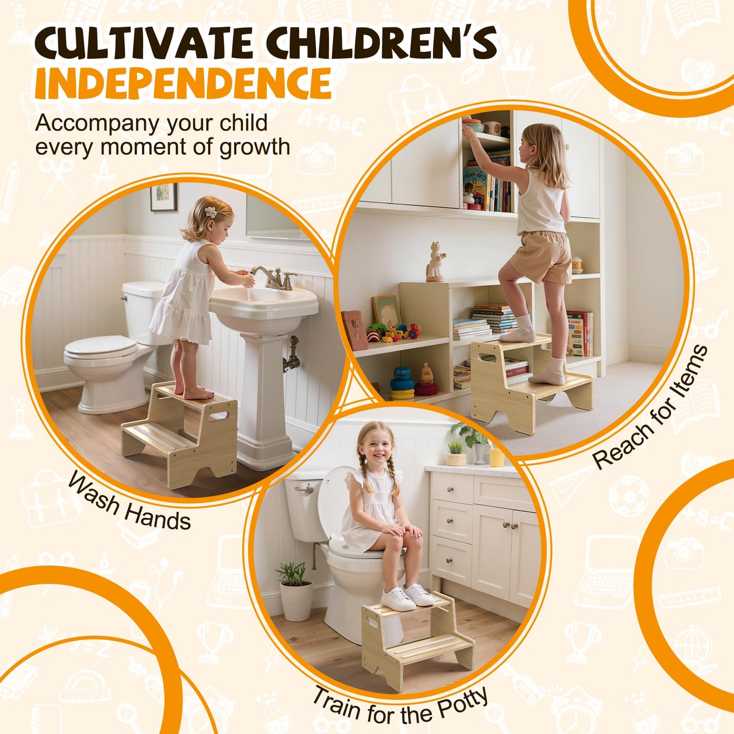 Uiirvdy Step Stool for Toddler, Sturdy Wooden 2-Step Stool with Anti-Slip Surface and Pads for Barthroom, Kitchen, Bedroom, Toilet, and Potty Training - 2 Pack