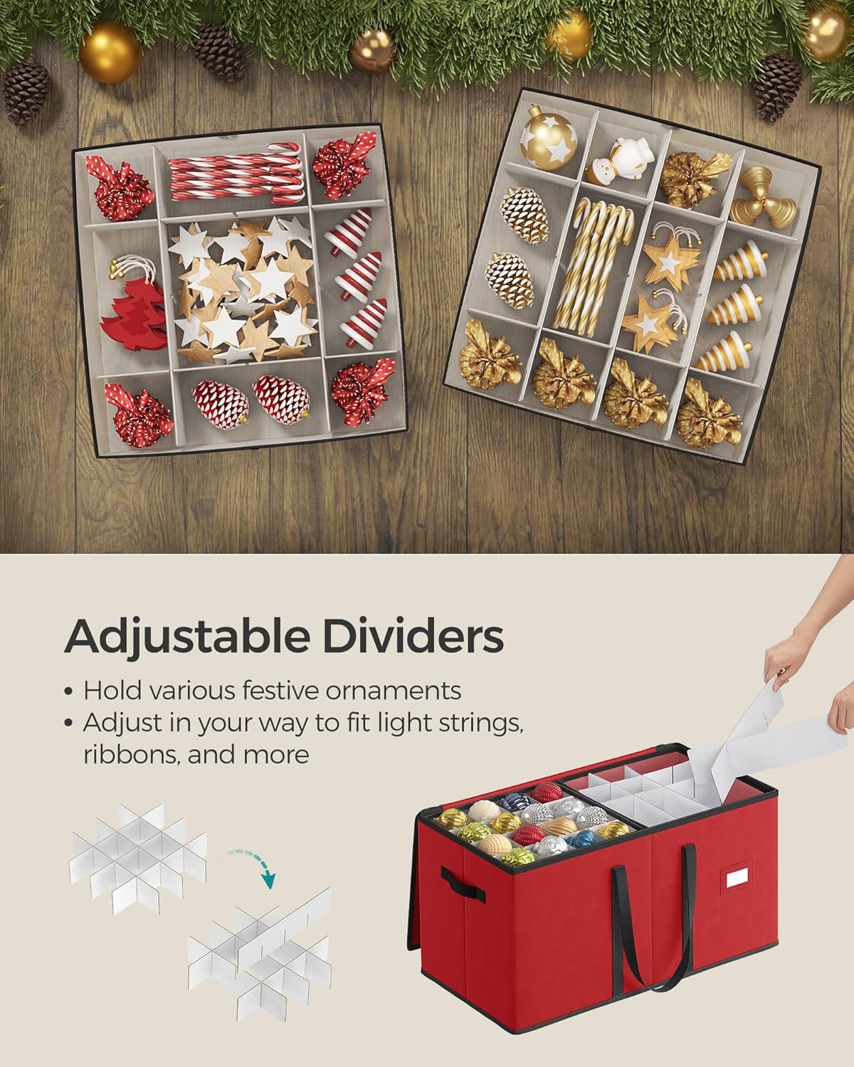 SONGMICS Christmas Ornament Storage Box - Stackable Dual Zipper Container with 128 Slots - Cherry Red, 600D Oxford