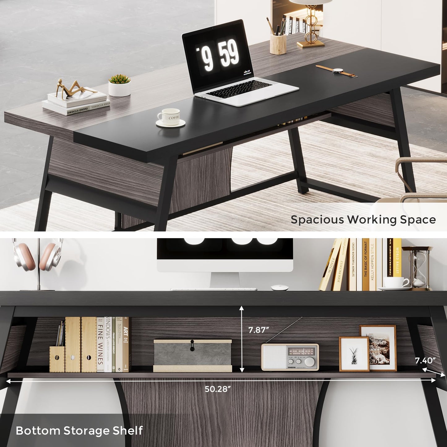 Condemo 63-inch Executive Desk with Storage Shelf, Large Home Office Desk with Metal Frame & LED Light, Long Computer Desks for Home Office, Gray and Black