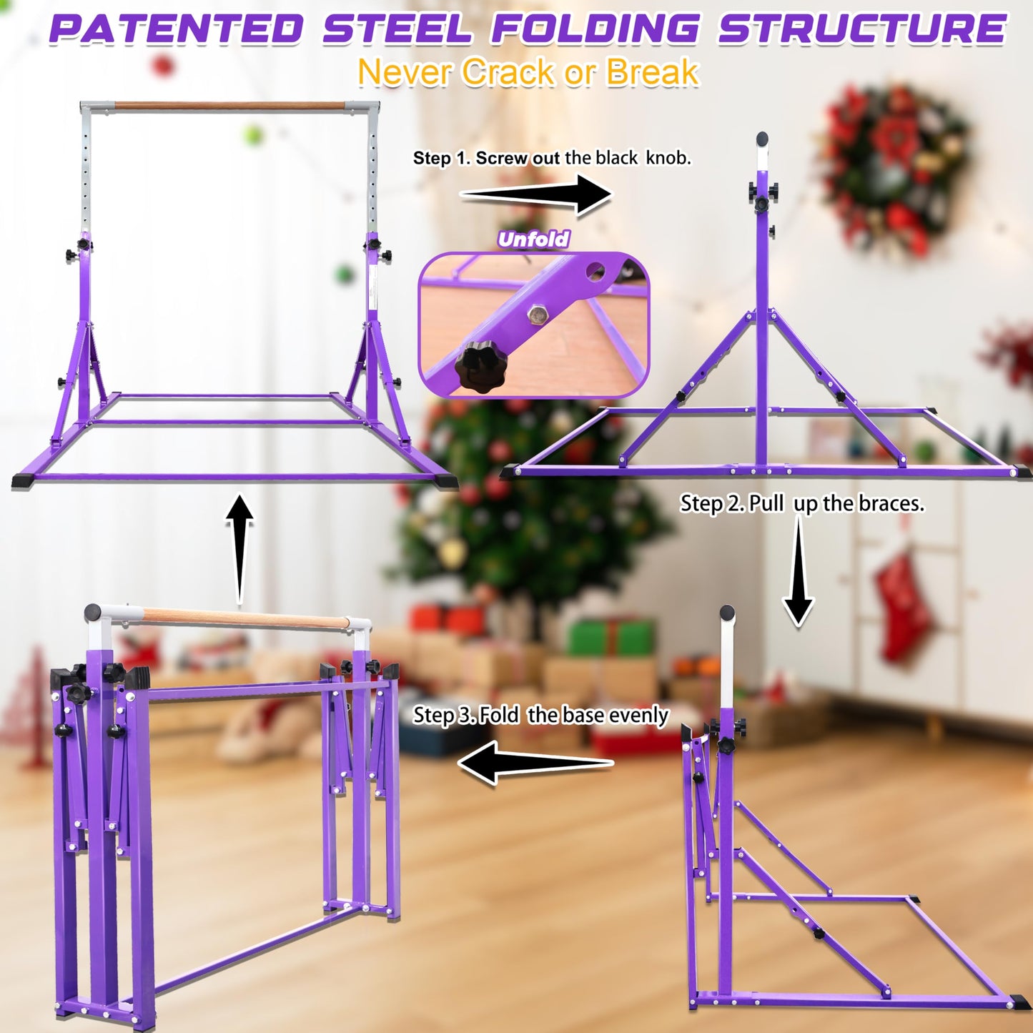 PreGymnastic Foldable Gymnastics Bar, 5.6FT Folding Horizontal Bars for Kids Ages 3-12, Weight Limit 350 LB, Adjustable kip Bar,Children Home Gym Equipment Indoor(Foldable Bar with Mat, Violet-Mat)