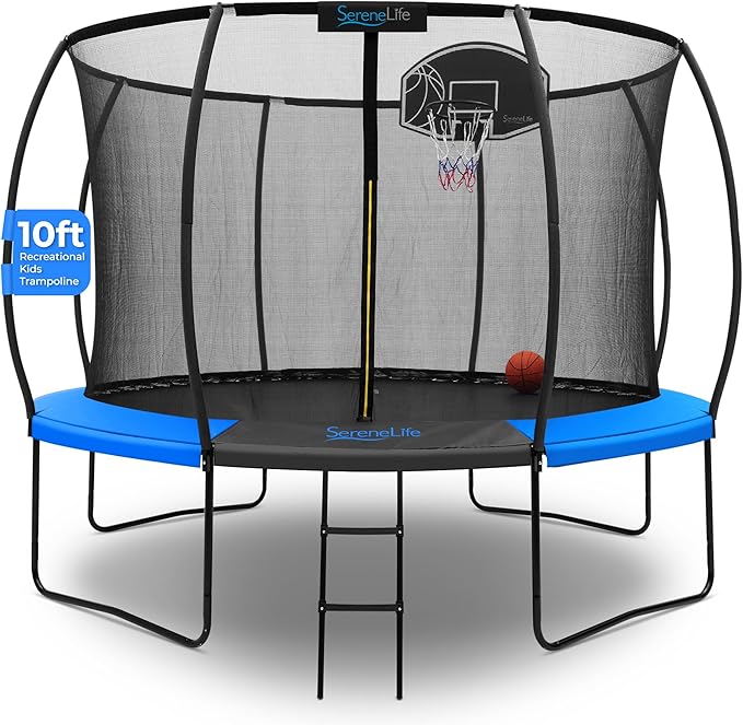 SereneLife 8FT 10FT 12FT 14FT Outdoor Trampoline for Kids - Recreational Backyard Trampoline with Curved Safety Poles, Net Enclosure, Ladder & Basketball Hoop - ASTM Approval for Kids Adults