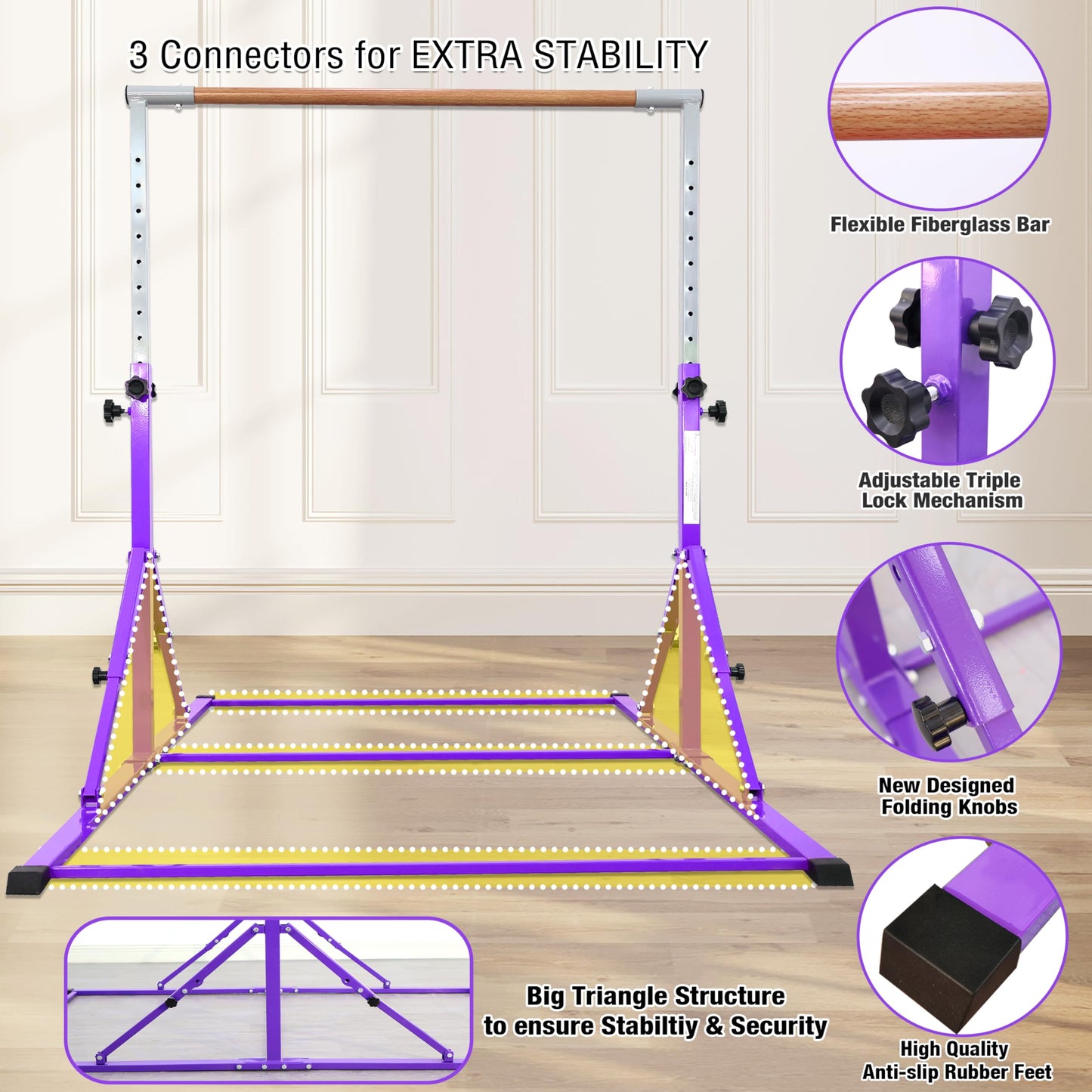 PreGymnastic Foldable Gymnastics Bar, 5.6FT Folding Horizontal Bars for Kids Ages 3-12, Weight Limit 350 LB, Adjustable kip Bar,Children Home Gym Equipment Indoor(Foldable Bar with Mat, Violet-Mat)