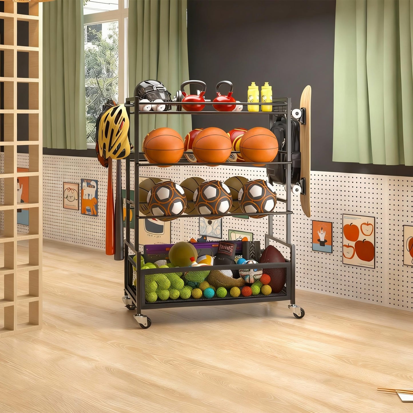 SOYEEZE Sports Equipment Organizer- Ball Storage for Garage,4 Tiers Outdoor Toy Storage,Soccer Racks,Basketball Shooting Training Stand Cart with Wheels and Hooks for Home-School and Gym Use