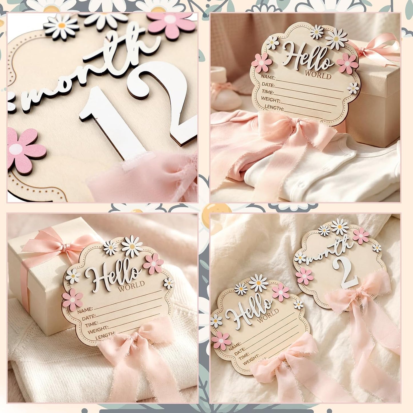 1-12 Amyhill Pink Bow Baby Announcement Sign Wooden Monthly Milestone Blocks with Number Hello World Newborn Signs Pink