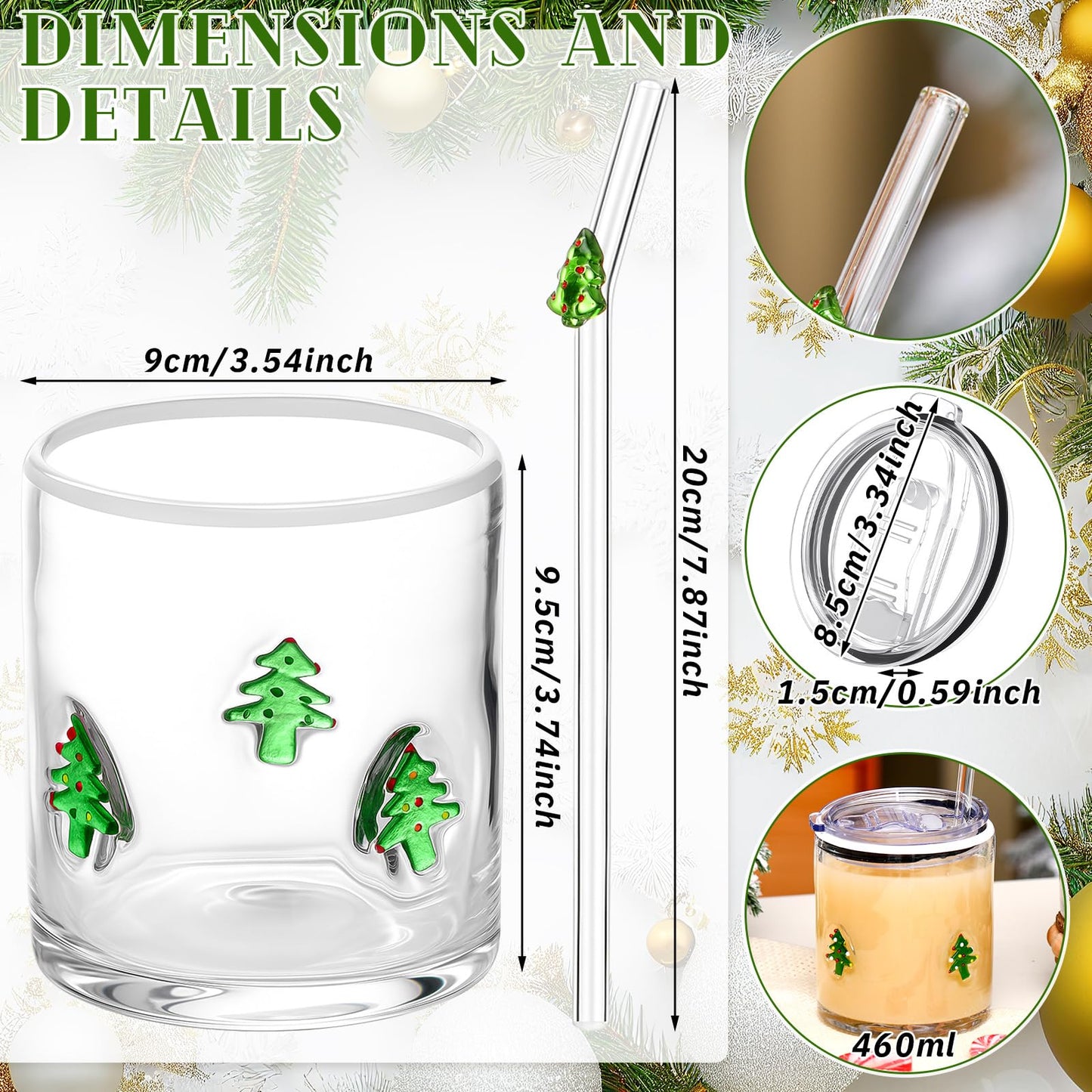 Patelai 2 Pcs Christmas Tree Icon Glasses Cups with Lids and Straws 15oz Reusable Drinking Iced Coffee Glass Cups Cute Xmas Tumbler Gifts for Christmas Adults Women Men Holiday Stocking Stuffer