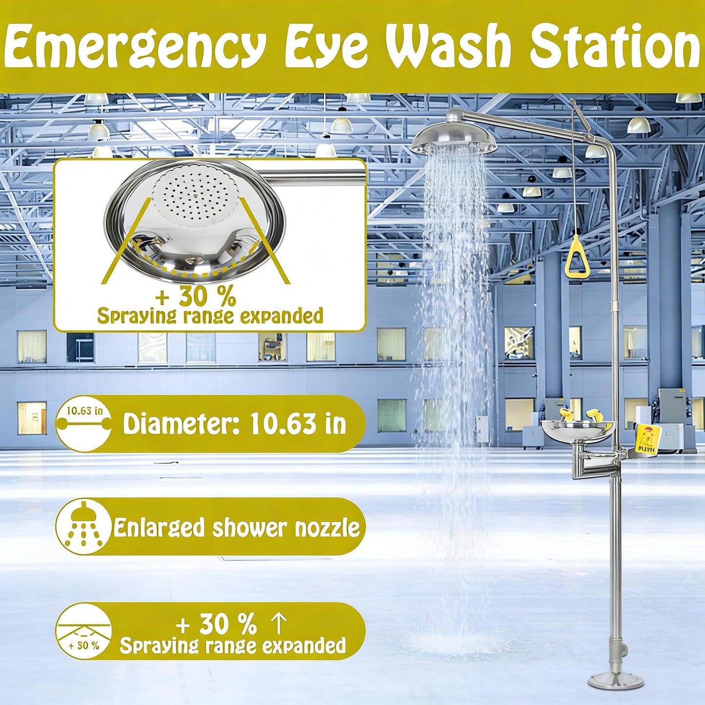 lukar Emergency Shower Eye Wash Station, 304 Stainless Steel Eye Wash Shower Station, 90”Combination Eyewash Shower Station for Industrial Commercial, with Emergency Sign & NPT Threads