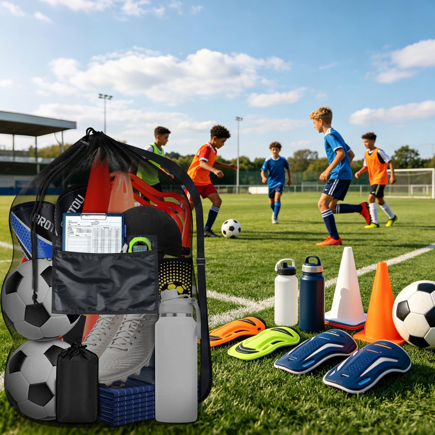 BROTOU 5PCS Extra Large Mesh Sports Ball Bags - Soccer Ball Bag Drawstring Bags with Shoulder Strap for Basketball, Volleyball, Swimming Gear (Black, 40"x30")