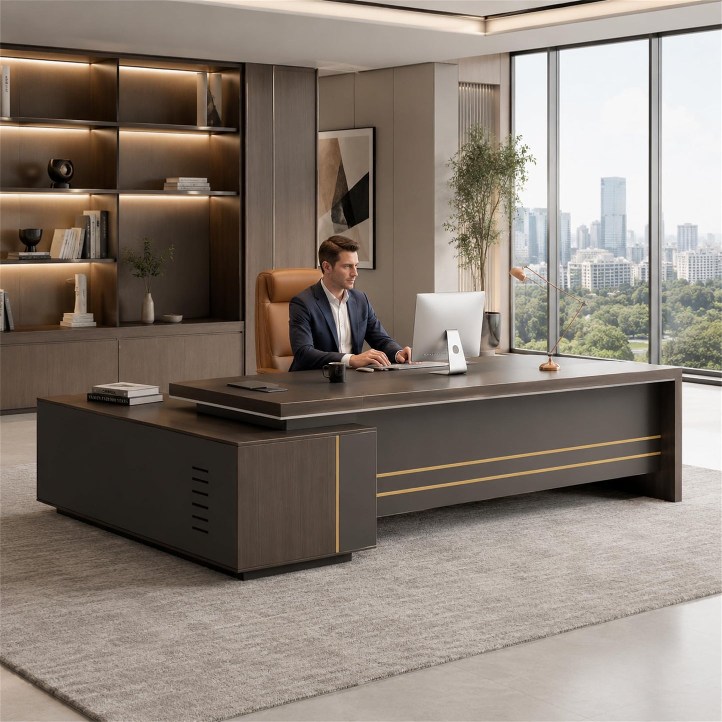 ZIMASYA 87" Reversible L-Shaped Executive Desk with Drawers, Storage Cabinet, Built-in Power Hub & Privacy Panel, Obsidian Grey & Mocha Walnut