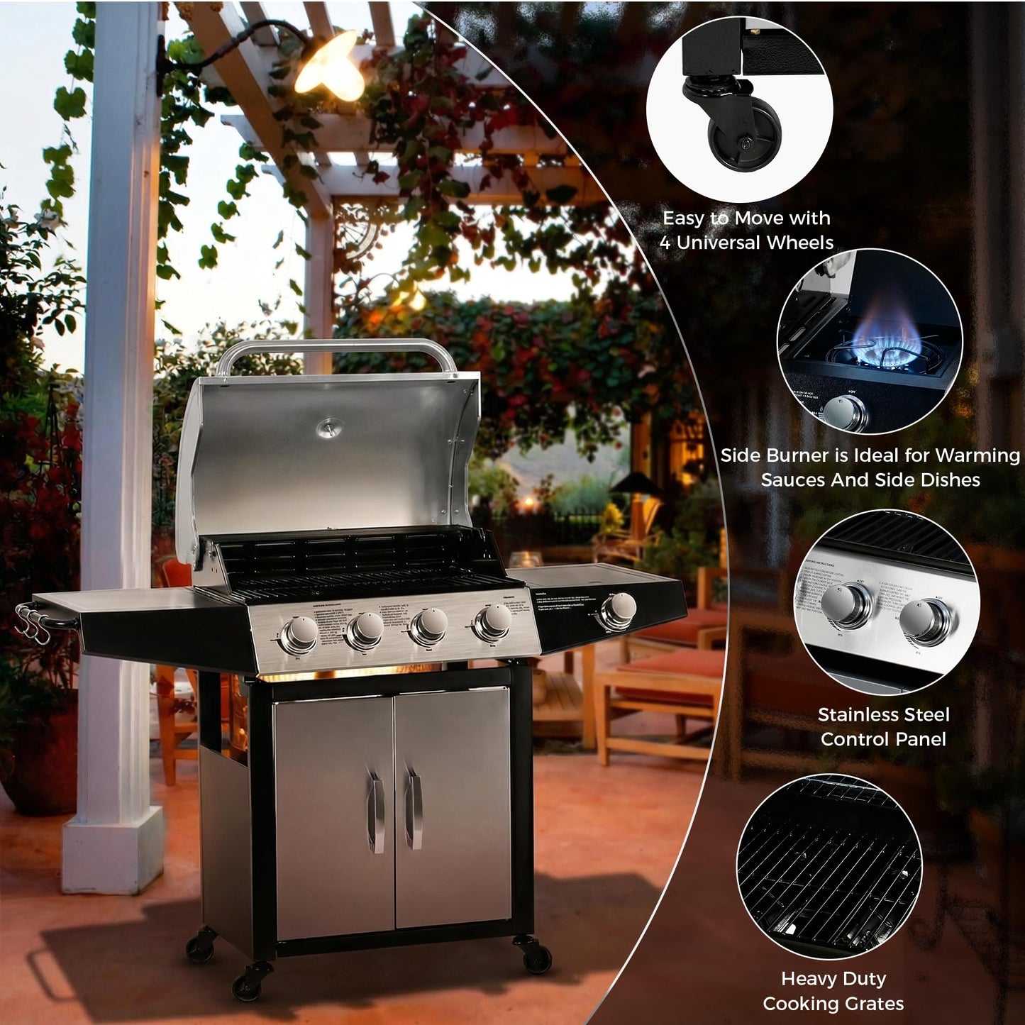 MASTER COOK 4+1 Burners Gas Grill, 518 Sqin Cooking Area, 52,000 BTU Propane Grill with Side Burner, Stainless Steel Cabinet Grill, Silver & Black