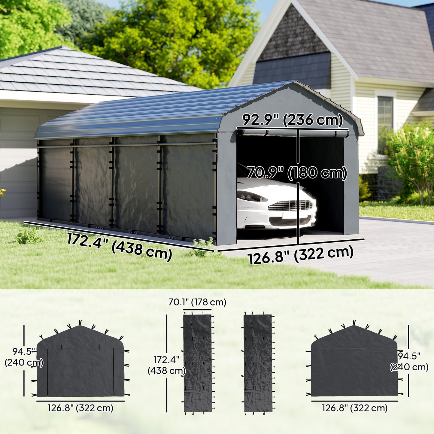 Outsunny Carport Replacement Sidewall Panels Set of 4 for 10' x 15' Carports, UPF50+ Waterproof PE Tarp Replacement Side Wall Cover with Zipper Door, Top Cover and Frame Not Included, Dark Gray