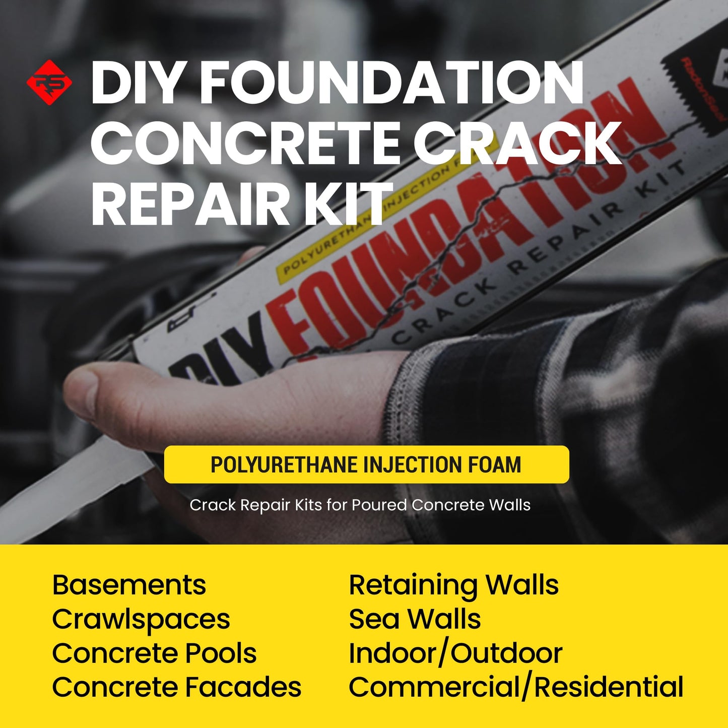 RadonSeal Complete DIY Foundation Crack Repair Kit - 10 Ft - Low-Viscosity Urethane Injection Sealant for Crawl Spaces & Concrete Basement Walls, Stops Water Leaks, Drill-Free Filler