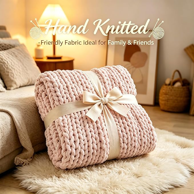 Admitrack Chunky Knit Blanket Throw, 100% Hand Knit Chenille Throw Blanket for Sofa & Home Decor, Soft and Cozy Knitted Throw Blankets (Pink，51"x63")