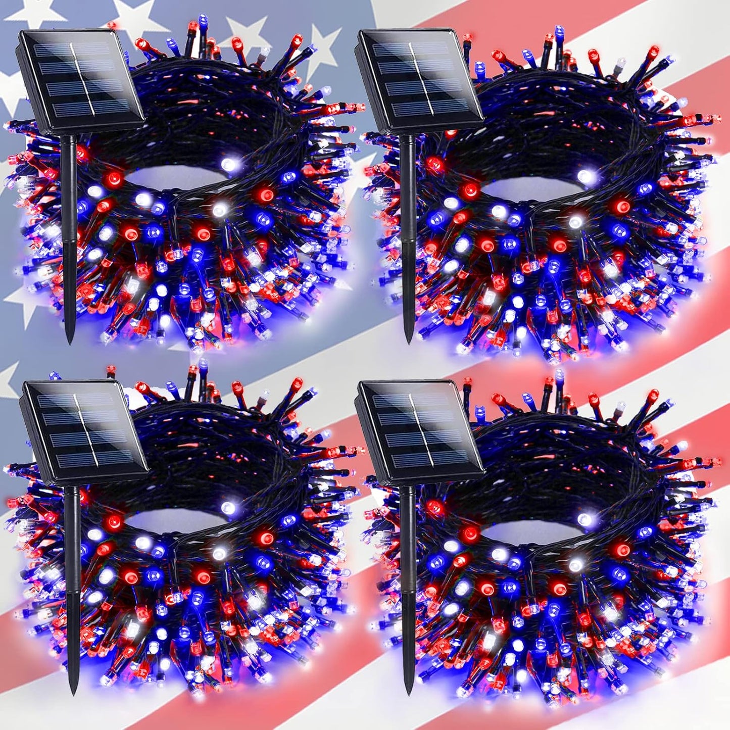 Skiennix 4th of July Outdoor Decorations - 4-Pack Red, White & Blue Solar String Lights | 400 LED, 132FT, Waterproof