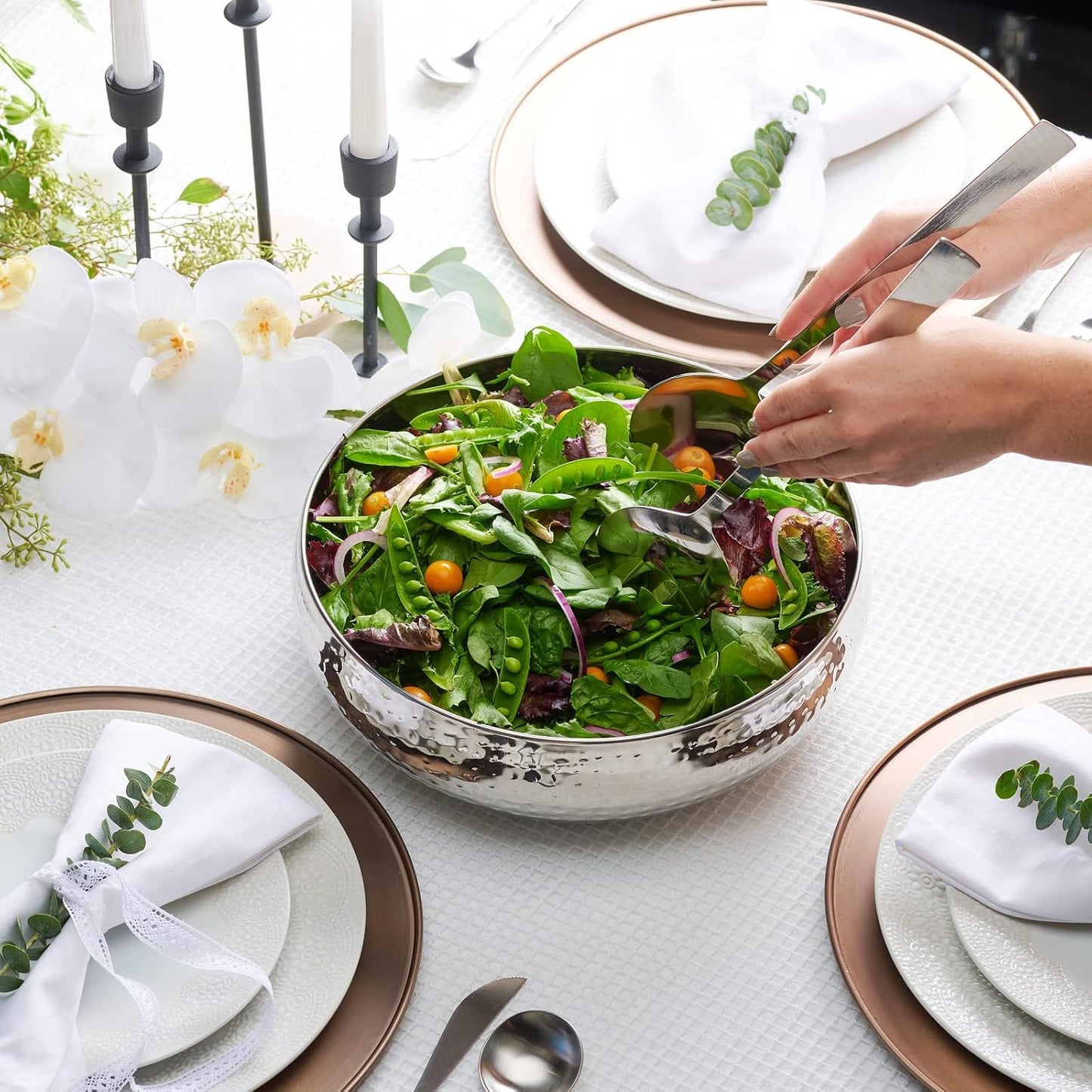 Bonito Home Salad Bowl and Serving Utensils - Hammered Detailing - Stainless Steel Mixing Bowls with Lids- Luxurious Serving Bowls (12" Silver Hammered Salad Bowl)