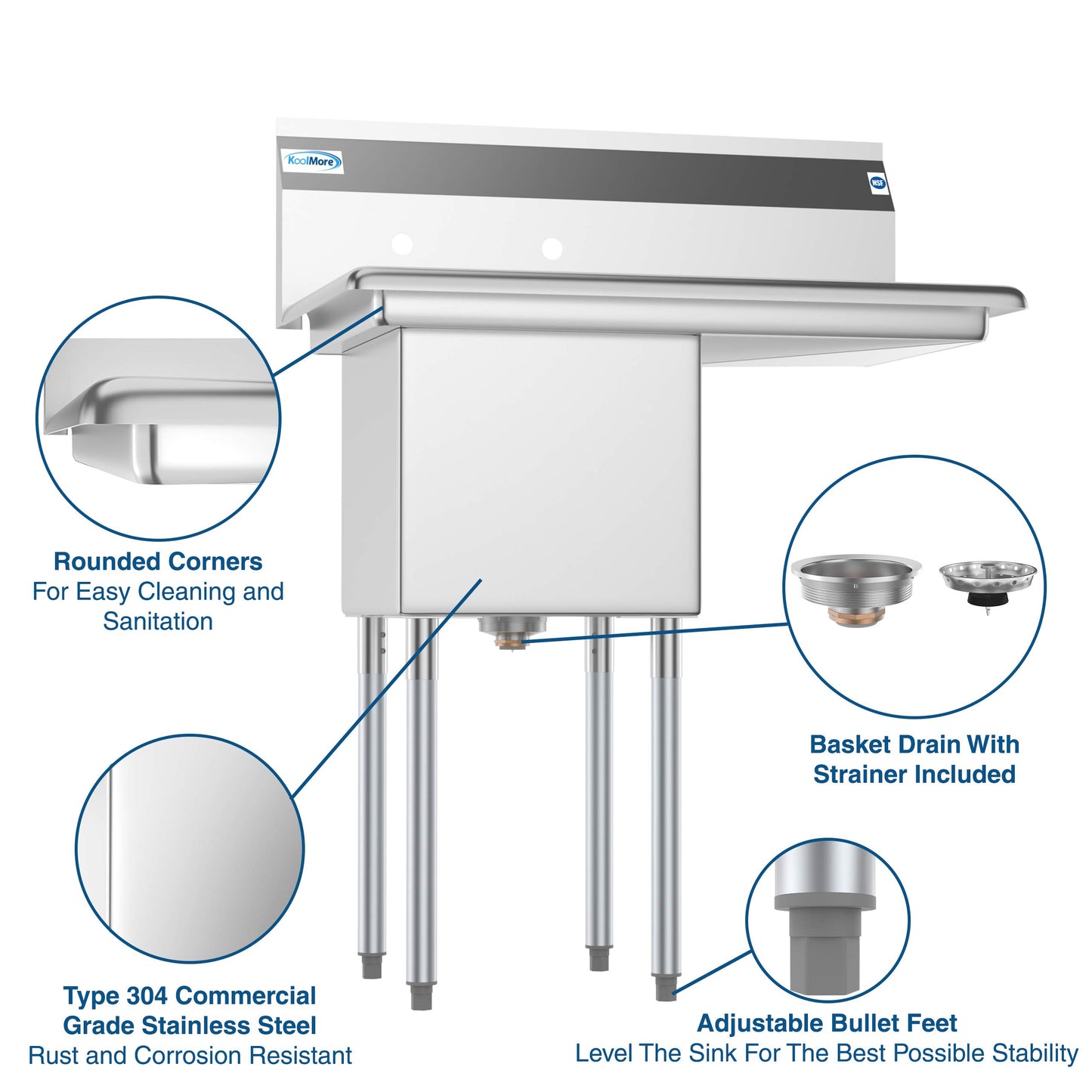 KoolMore 1 Compartment Stainless Steel NSF Commercial Kitchen Prep & Utility Sink with Drainboard - Bowl Size 15" x 15" x 12", Silver