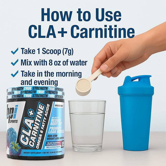 BPI Sports CLA+Carnitine ??CLA L Carnitine & Linoleic Acid ??L Carnitine Supplement for Weight Loss, Metabolism & Lean Muscle ??Caffeine Free ??Blue Raspberry ??50 Servings ??12.34 oz
