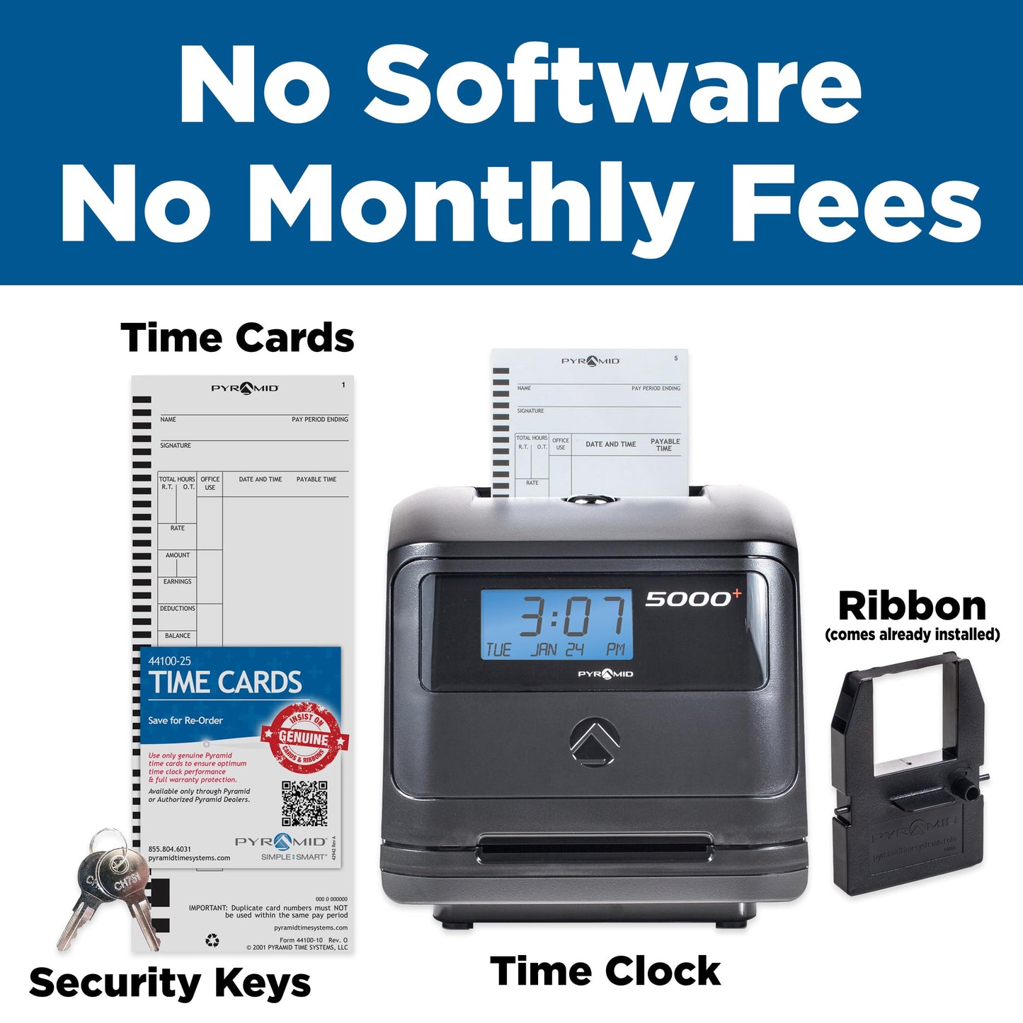 Pyramid Time Systems - Model 5000 Auto Totaling Time Clock, Employee in/Out Time Tracker for Small Business, Includes: 25 Time Cards,1 Ink Ribbon Cartridge, 2 Security Keys and User Guide - Black