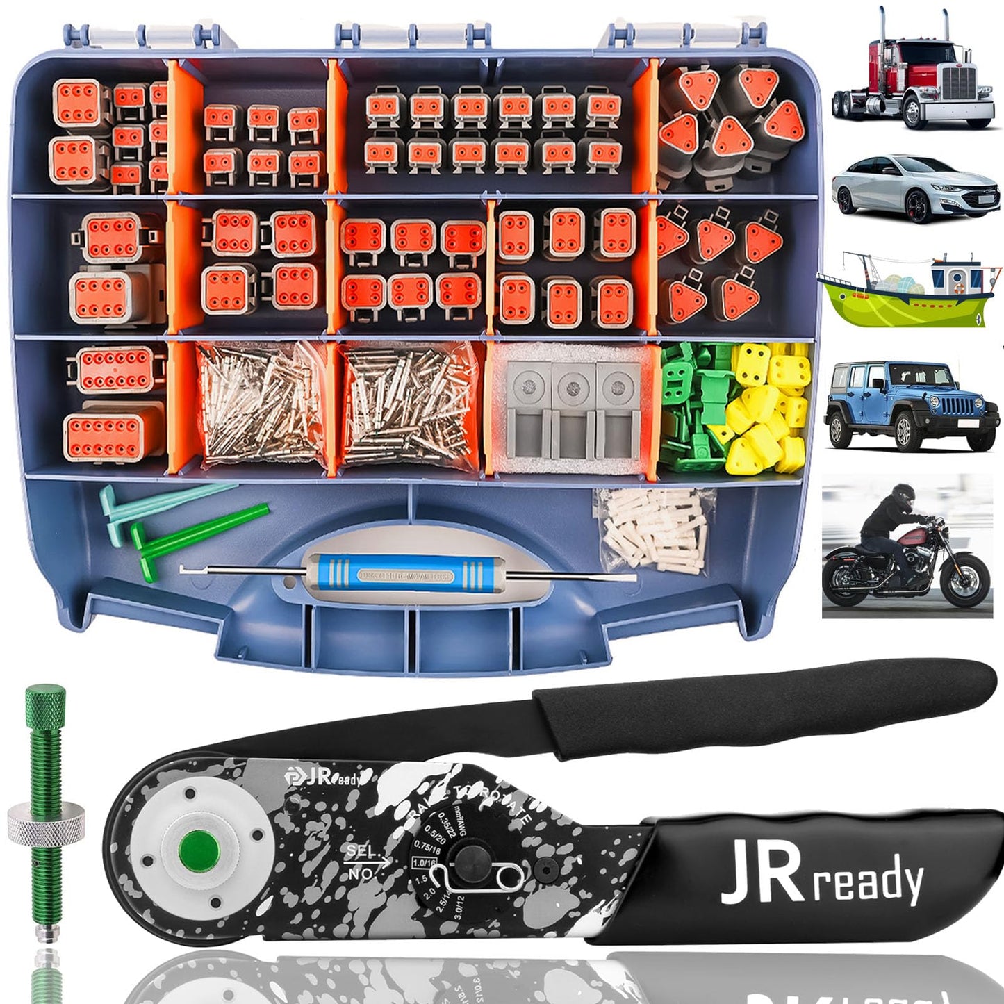 JRready DW5007-02 Deutsch Connector Kit, DT 2 3 4 6 8 12 Pin Automotive Electrical Connectors, Deutsch Crimping Tool 12-22AWG with Size 16 Solid Contacts, Connector Removal Tool, Seal Plugs